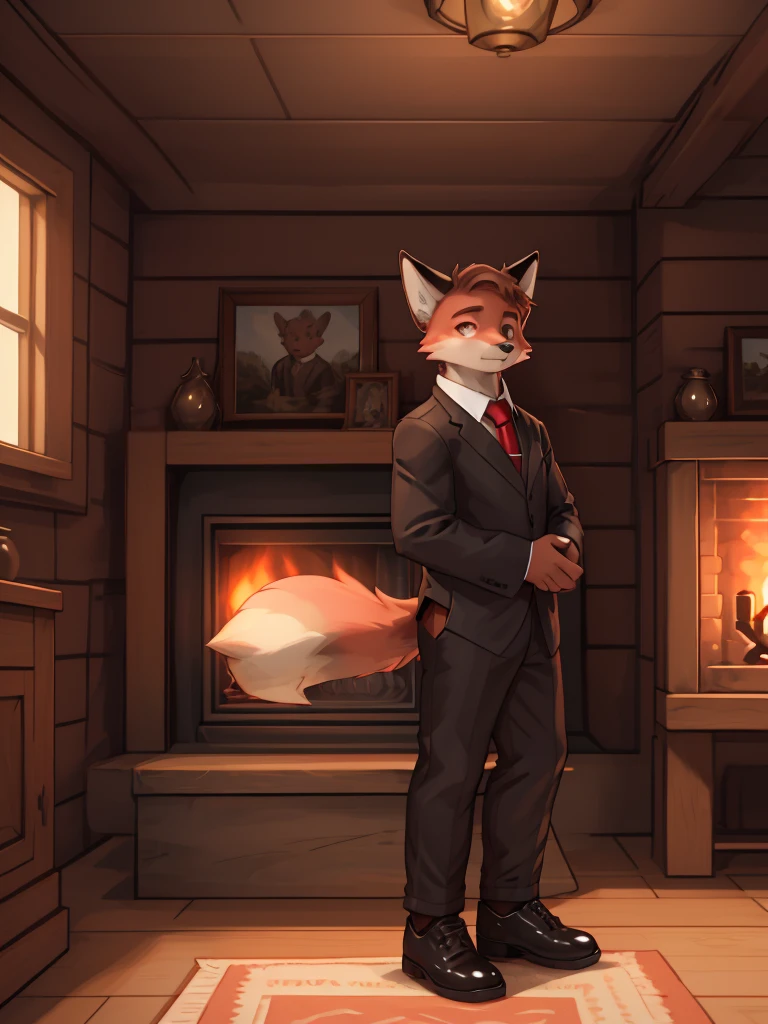 A young fox, spongy ass, with a serious expression, relaxed, with black suit, White shirt, Red tie, black elegant shoes, Light brown eyes, looking to the camera, in a wooden room with a fireplace, detailed, Aesthetic.