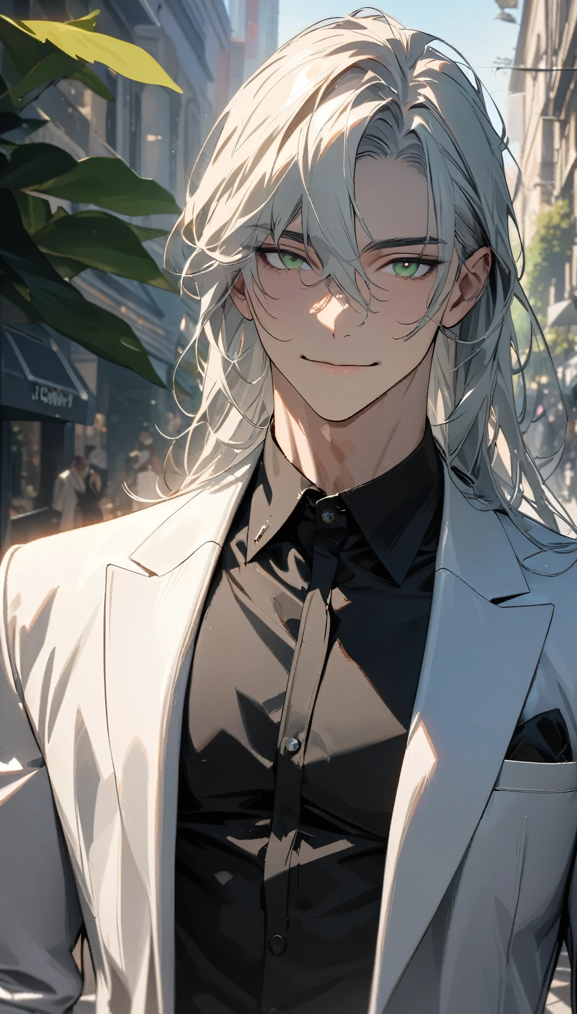 (masterpiece:1.5)，best quality，(1 Handsome man)，alone，white long length hair，(green eyes), (A soft smile)，elegant，perfect face，Luxurious modern clothing，Slightly muscular body，High，8k，Beautiful contrast of light and shadow，(complete upper body)，Positive face，((luxury street))，city center，daytime，plant，Flowers，anatomically correct，Black shirt，White blazer