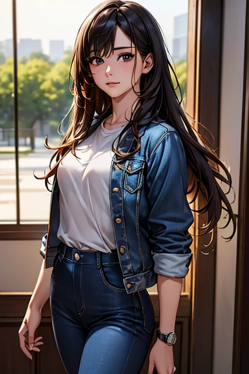 ((Highest quality)),(超High resolution),(Very detailed),(Detailed Description),((The best CG)),(masterpiece),Ultra-detailed art、(Highest quality、8k、32K、masterpiece)、(Realistic)、(Realistic:1.2)、(High resolution)、Very detailed、Very beautiful face and eyes、1 female、((:1.3))、Tight waist、Delicate body、(Highest quality、Attention to detail、Rich skin detail)、(Highest quality、8k、Oil paints:1.2)、Very detailed、(Realistic、Realistic:1.37)、Bright colors、Japanese woman in her mid-20s。With long hair、Black straight hair。Large, wide eyes、Thin and well-trimmed eyebrows、High nose、Small, well-shaped mouth、Light Skin Tone。With a soft smile。((Blue denim jacket:1.3、Under、White T-shirt、Wearing black skinny jeans、Wearing a casual watch。Wearing white sneakers))。In the background is a park with seasonal flowers in bloom.、Standing facing forward under a clear daytime sky。