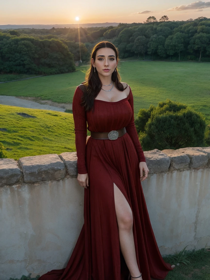 Gorgeous and sultry busty athletic (thin) brunette queen with sharp facial features wearing a modest updo, dark red medieval dress, long sleeves, intricate patterns, scrollwork, wide neck, crown, veil, long dress, modest dress, tight bodice, silver belt, (waist chain), medieval jewelry, Middle Ages, castle, rampart, wall, exterior, on top of a castle wall, trees, countryside, evening, sunset.