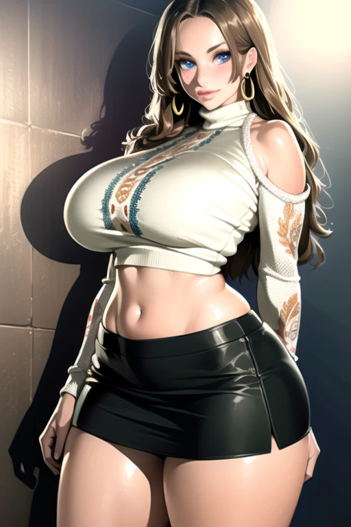 ultra realistic 8k cg, masterpiece, ((ultra detailed background, delicate pattern, intricate detail, highly detailed, fine details best quality, hyperdetailed face)), gigantic breasts ,beautiful lighting, absurdres, BoaHancockV2, 1girl, solo, light brown hair, long hair, jewelry, closed mouth, ), (black crop top, turtleneck, bare shoulders, black split skirt, underboob, earrings, blue eyes, complex detailed background, inside, luxury palace), ((cowboy shot)), curvy, gigantic breasts, seductive smile