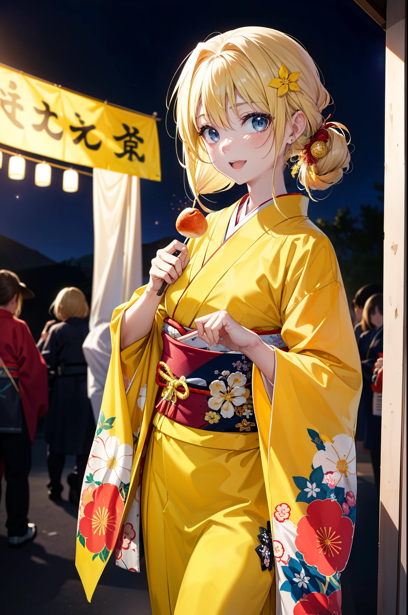 Arisburg, Alice Zuberg, bangs, blue eyes, blonde, Hair between the eyes, Long Hair,Flower Hair Ornaments,Tie your hair back, hair band, white hair band,Yellow kimono,happy smile,smile, Open your mouth,firework in the night sky、firework,場所はfirework大会,Time is night,sunny day,Japanese Festivals,Summer festival food stalls,Red Lantern,whole bodyがイラストに入るように
break outside, shrine,
break looking at viewer, whole body,(Cowboy Shot:1.5),
break (masterpiece:1.2), Highest quality, High resolution, unity 8k wallpaper, (shape:0.8), (Beautiful attention to detail:1.6), Highly detailed face, Perfect lighting, Extremely detailed CG, (Perfect hands, Perfect Anatomy),