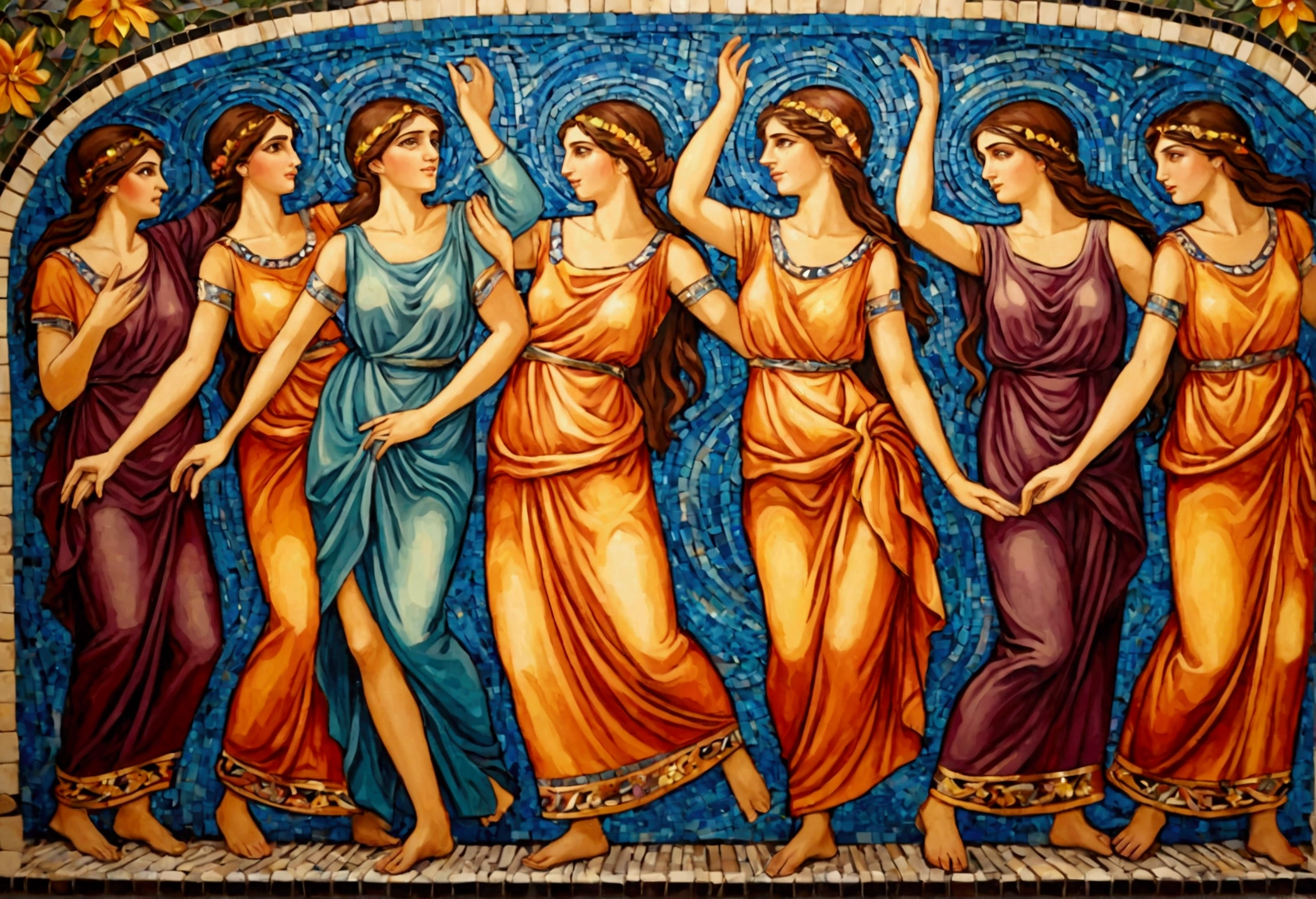 (colorful tile mosaic) A group of nubile Greek women dancing around a large vat of wine

