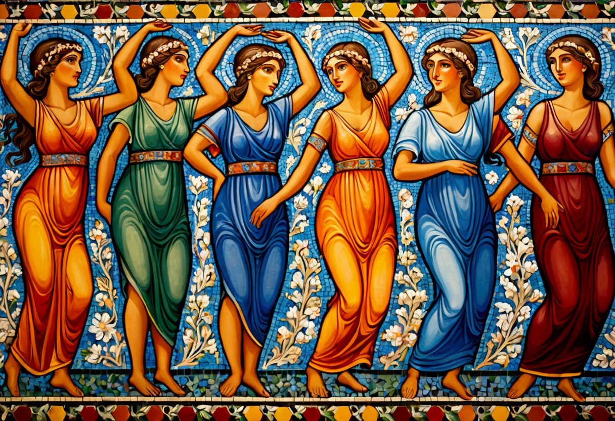 (colorful tile mosaic) A group of nubile Greek women dancing around a large vat of wine
