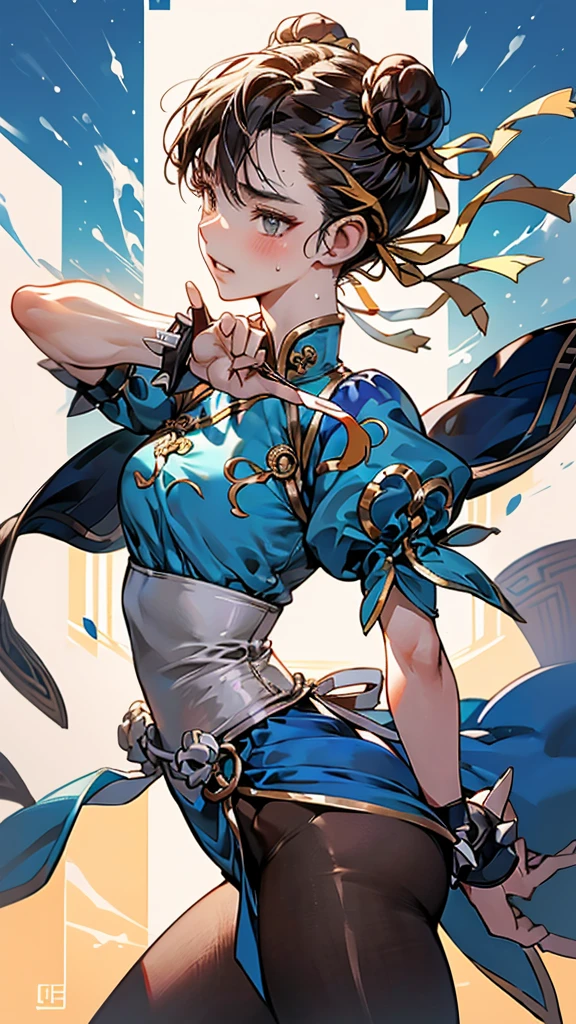 {{masterpiece}}, {{{Highest quality}}},{{Very detailed}},sf2 to,Chunli,Combat Stance,from side,Cowboy Shot,Focus on legs｛{{Combat Stanceの成熟した女性}}｝,{{疲労でSweatをかいている成人女性}},Sweat,,Small breasts,{{Blushing}},{{V-shaped eyebrows}},{{Blue clothes}},{{puffy short sleeve}},{{{Blue Chinese dress with gold lines}},{Bunhead}},{},, ,{{spike bracelet}},{{Tied Hair}},,{{Thin legs}},{{White belt}},,Slender body}}{{ blue pelvis curtain}}, , sash, Brown pantyhose, ,,blush,Wrinkles ,amount,Grit your teeth,suffering,v-shaped eyebrows.,Sweat dripping,Medium chest ,get annoyed,Fighting Ring,,Bunhead,Good cover,Fighting Pose,