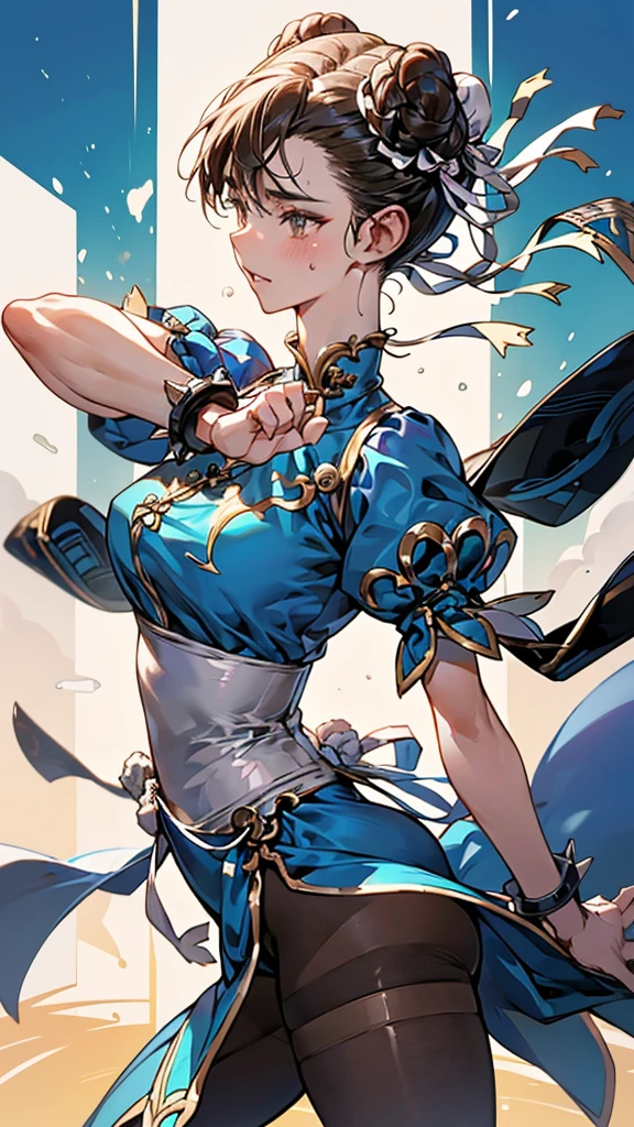 {{masterpiece}}, {{{Highest quality}}},{{Very detailed}},sf2 to,Chunli,Combat Stance,from side,Cowboy Shot,Focus on legs{{{Combat Stanceの成熟した女性}}},{{疲労でSweatをかいている成人女性}},Sweat,,Small breasts,{{Blushing}},{{V-shaped eyebrows}},{{Blue clothes}},{{puffy short sleeve}},{{{Blue Chinese dress with gold lines}},{Bunhead}},{},, ,{{spike bracelet}},{{Tied Hair}},,{{Thin legs}},{{White belt}},,Slender body}}{{ blue pelvis curtain}}, , sash, Brown pantyhose, ,,blush,Wrinkles ,amount,Grit your teeth,suffering,v-shaped eyebrows.,Sweat dripping,Medium chest ,get annoyed,Fighting Ring,,Bunhead,Good cover,Fighting Pose,