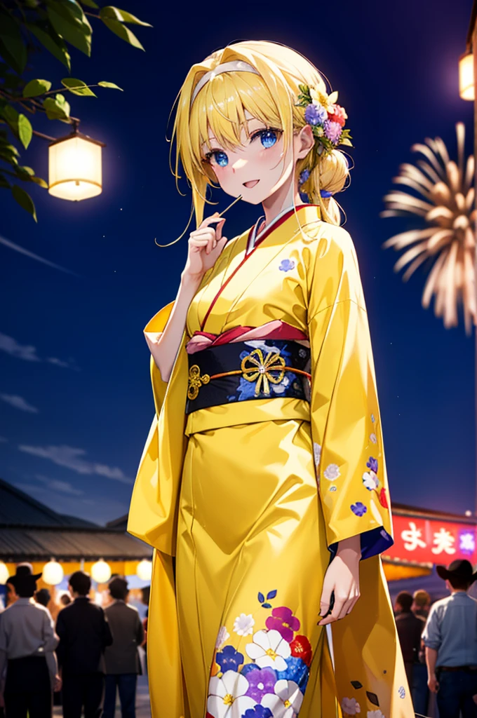 Arisburg, Alice Zuberg, bangs, blue eyes, blonde, Hair between the eyes, Long Hair,Flower Hair Ornaments,Tie your hair back, hair band, white hair band,Yellow kimono,happy smile,smile, Open your mouth,firework in the night sky、firework,場所はfirework大会,Time is night,sunny day,Japanese Festivals,Summer festival food stalls,Red Lantern,whole bodyがイラストに入るように
break outside, shrine,
break looking at viewer, whole body,(Cowboy Shot:1.5),
break (masterpiece:1.2), Highest quality, High resolution, unity 8k wallpaper, (shape:0.8), (Beautiful attention to detail:1.6), Highly detailed face, Perfect lighting, Extremely detailed CG, (Perfect hands, Perfect Anatomy),