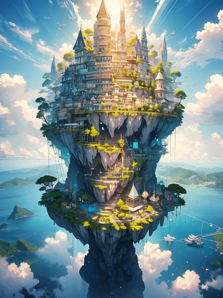 Many islands are suspended in the air with many small aircraft flying around, cities, fancy, magical plants growing, extremely details, realistic light, epic composition, (complexdetails), (Complex project, ultra-details :1.2), art station, (work of art, best qualityer), ultra HD, 32K --v 6