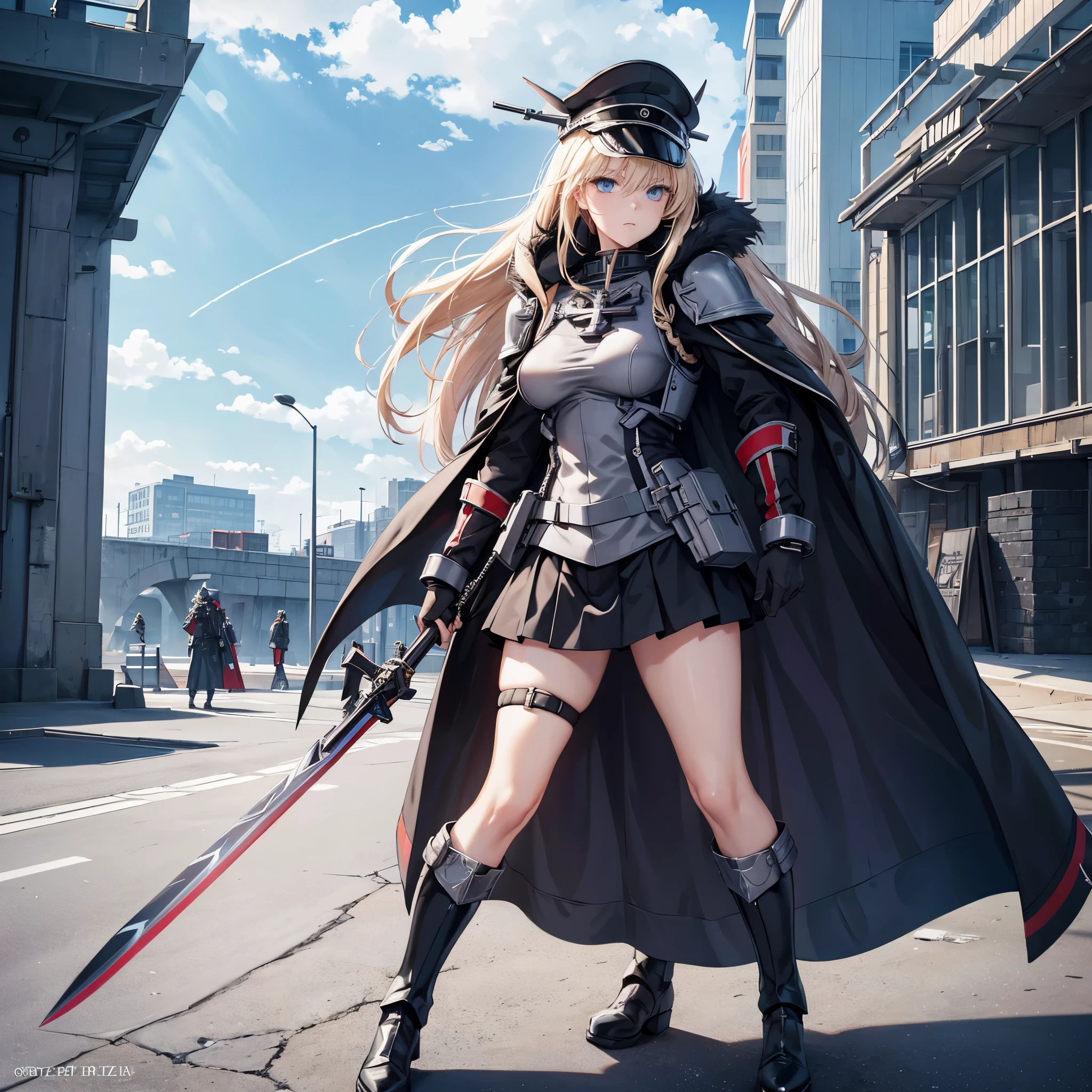 A woman wearing black military costume, short skirt, wearing black fur cape, metal shoulder pad, german military hat, holding a medieval sword, black metal boots, blonde hair, long hair, ice blue eyes, standing on a sidewalk concrete near a sea, daytime location, (Azur_lane_KMS_Bismarck),(solo woman) ,UHD , prime work , accurate , anatomically correct , textured skin , super details , high quality , best quality, 8k, high resolution, bokeh effect.
