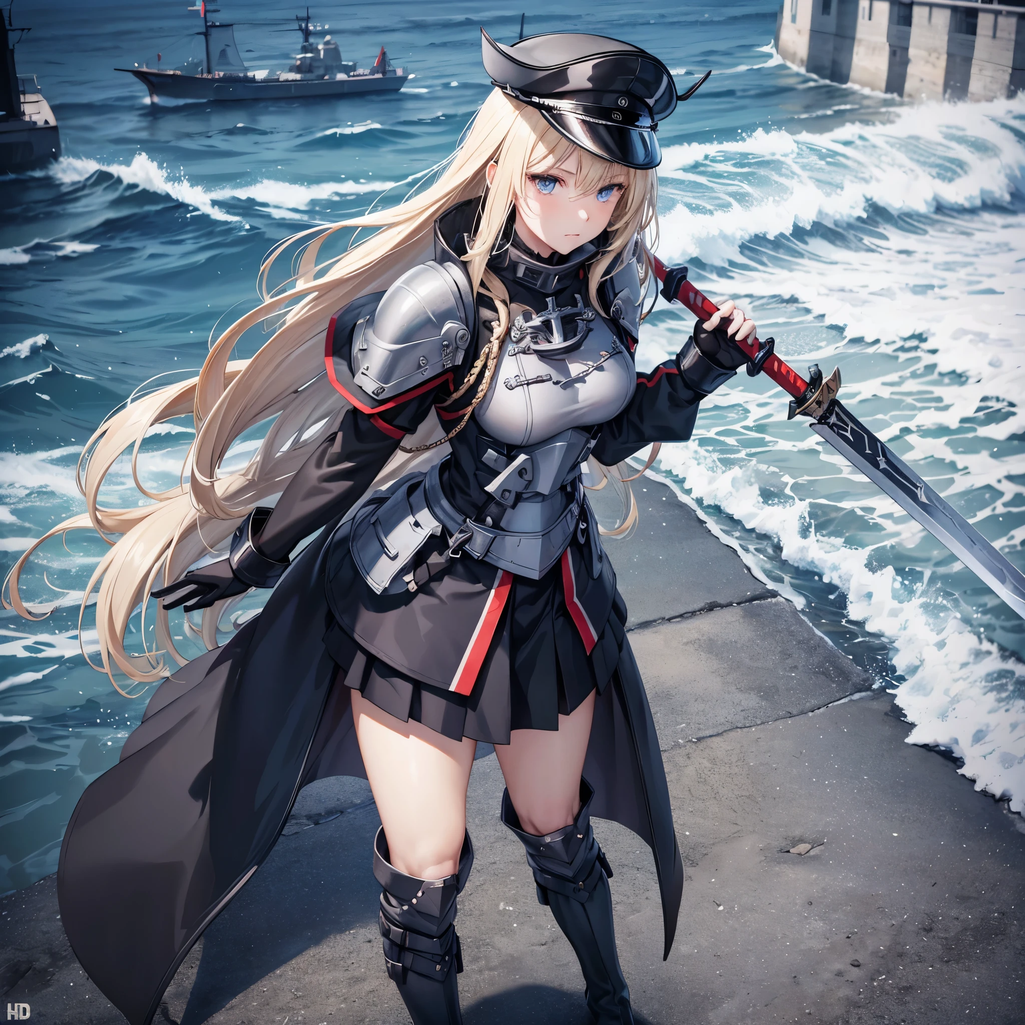 A woman wearing black military costume, short skirt, wearing black fur cape, metal shoulder pad, german military hat, holding a medieval sword, black metal boots, blonde hair, long hair, ice blue eyes, standing on a sidewalk concrete near a sea, daytime location, (Azur_lane_KMS_Bismarck),(solo woman) ,UHD , prime work , accurate , anatomically correct , textured skin , super details , high quality , best quality, 8k, high resolution, bokeh effect.
