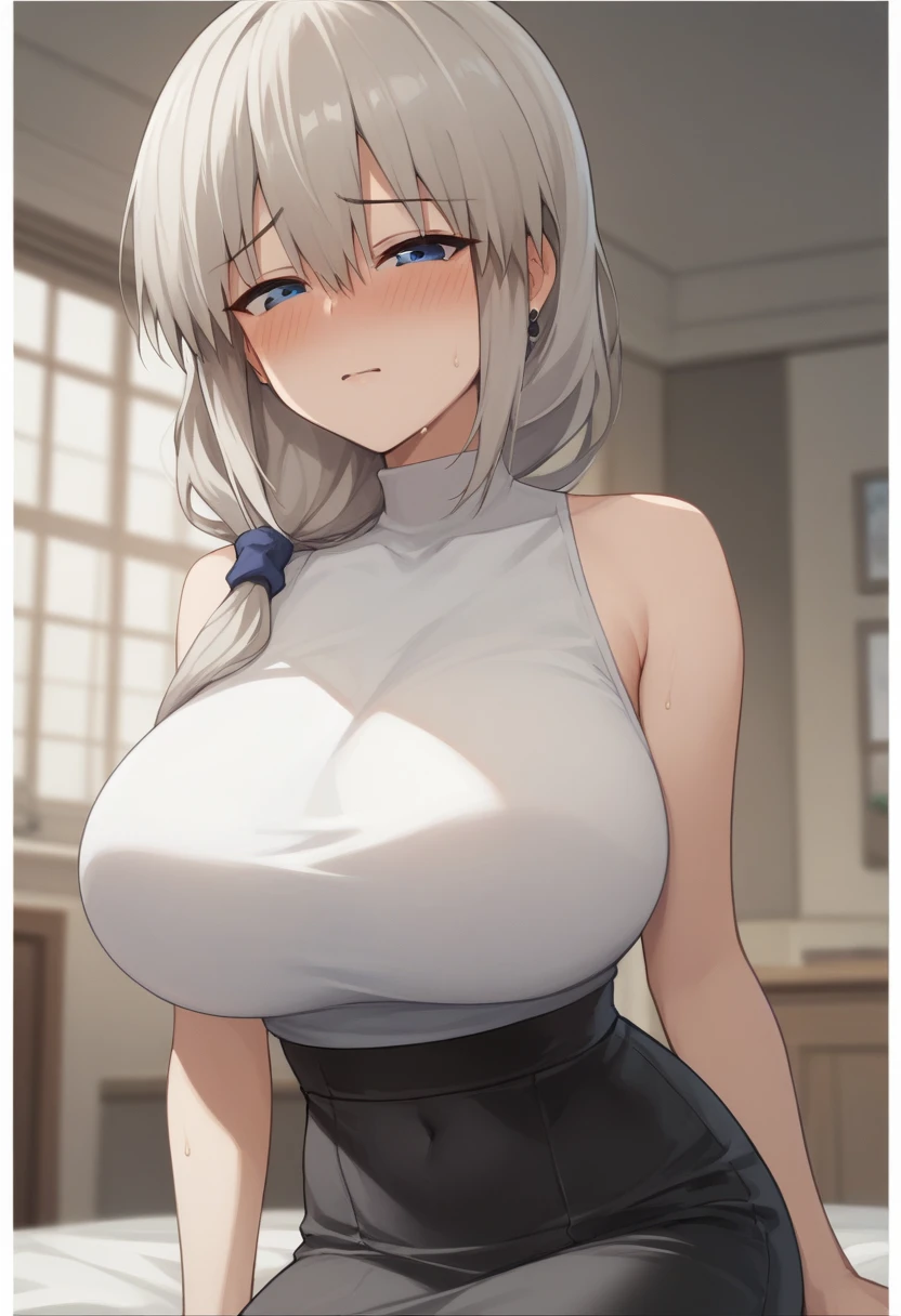 Huge breasts、blush、Sweat、In the heat、Long white hair、Braiding、uzaki_fortune、White sleeveless high neck knit(tight)、Black tight skirt、
{Highest quality}, {so beautiful}, {Very detailed}, {Best illustrations},Life、slim:1.5