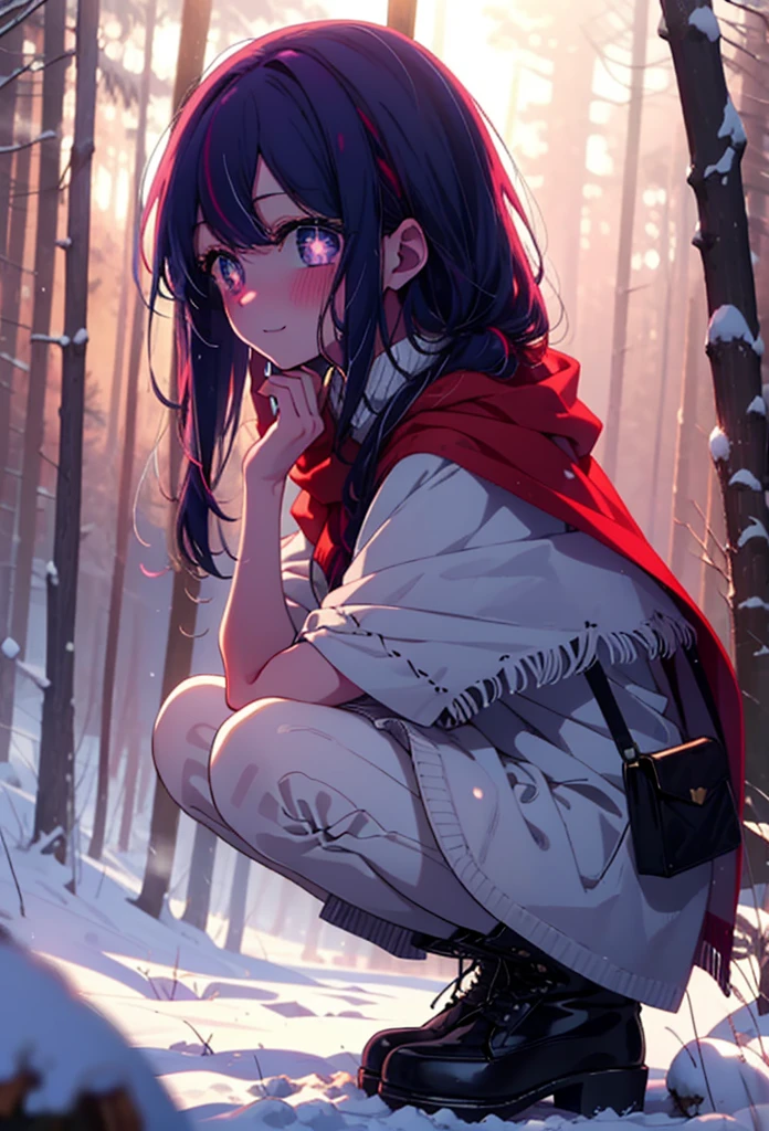 aihoshino, Ai Hoshino, Long Hair, bangs, (Purple eyes:1.1), Purple Hair, (Symbol-shaped pupil:1.5), smile,,smile,blush,white breath,
Open your mouth,snow,Ground bonfire, Outdoor, boots, snowing, From the side, wood, suitcase, Cape, Blurred, , forest, White handbag, nature,  Squat, Mouth closed, Cape, winter, Written boundary depth, Black shoes, red Cape break looking at viewer, Upper Body, whole body, break Outdoor, forest, nature, break (masterpiece:1.2), Highest quality, High resolution, unity 8k wallpaper, (shape:0.8), (Beautiful and beautiful eyes:1.6), Highly detailed face, Perfect lighting, Highly detailed CG, (Perfect hands, Perfect Anatomy),