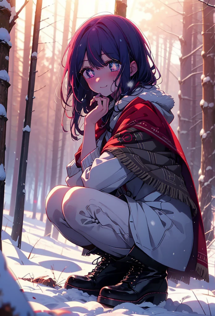 aihoshino, Ai Hoshino, Long Hair, bangs, (Purple eyes:1.1), Purple Hair, (Symbol-shaped pupil:1.5), smile,,smile,blush,white breath,
Open your mouth,snow,Ground bonfire, Outdoor, boots, snowing, From the side, wood, suitcase, Cape, Blurred, , forest, White handbag, nature,  Squat, Mouth closed, Cape, winter, Written boundary depth, Black shoes, red Cape break looking at viewer, Upper Body, whole body, break Outdoor, forest, nature, break (masterpiece:1.2), Highest quality, High resolution, unity 8k wallpaper, (shape:0.8), (Beautiful and beautiful eyes:1.6), Highly detailed face, Perfect lighting, Highly detailed CG, (Perfect hands, Perfect Anatomy),