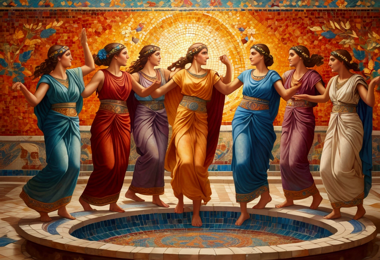 (colorful tile mosaic,group of nubile Greek women,women dancing around large vat of wine,intricate mosaic patterns,ancient Greek architecture,ornate decorative elements,warm lighting,vibrant colors,cinematic composition,highly detailed,photorealistic,8k,hyperrealistic,masterpiece)