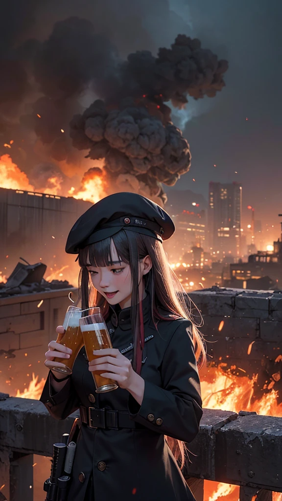 rating_safe, hk416, def, beret, solo, holding beer bottle, drunk, laughing, heavy blush, explosions, smoke, ruined buildings, burning city ruins background, explosions and flames everywhere in background, explosions, more explosions, more fire, through the fire and flames by dragonforce, fire and explosions covering whole background, death and destruction everywhere,
