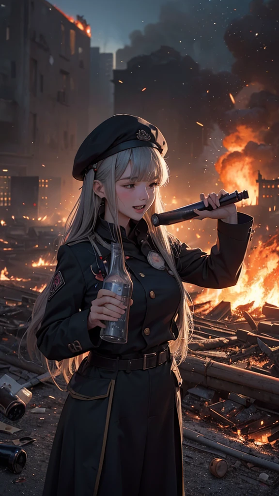 rating_safe, hk416, def, beret, solo, holding beer bottle, drunk, laughing, heavy blush, explosions, smoke, ruined buildings, burning city ruins background, explosions and flames everywhere in background, explosions, more explosions, more fire, through the fire and flames by dragonforce, fire and explosions covering whole background, death and destruction everywhere,