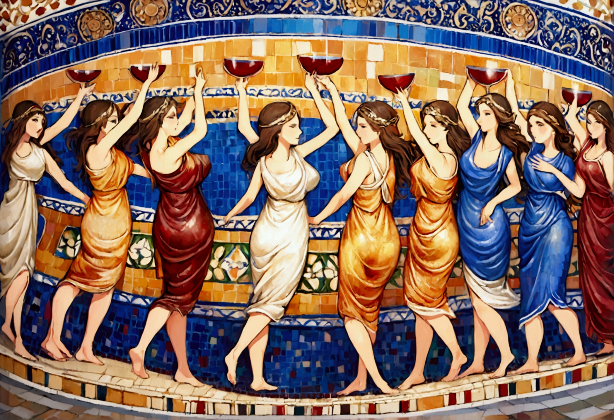 (colorful tile mosaic) A group of nubile Greek women dancing around a large vat of wine
