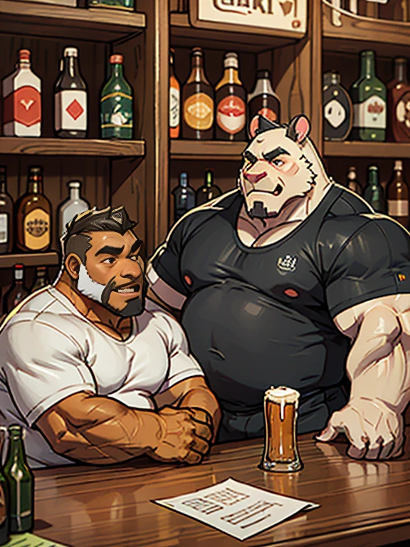 Only plump, chubby, extremely thick thighs, large belly, fat, age 55, two friends are at the bar drinking beer gesturing and talking sitting on the chair with beer bottles on their table , an environment with tables and other people sitting and talking , 4K, masterpiece.