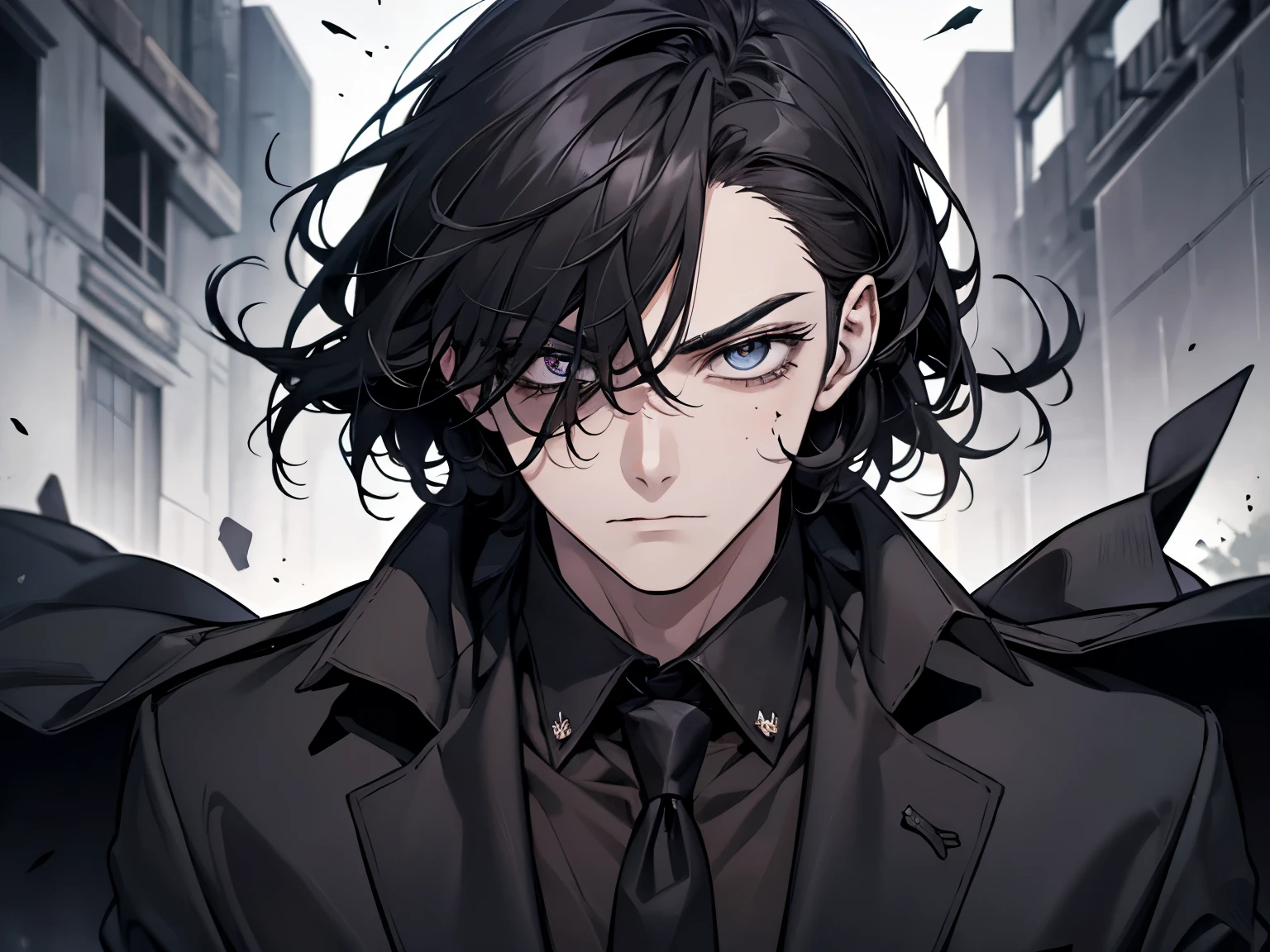 best qualityer, 1 men,bonitas,black pupils,short black hair, sunken and sunken eyes, indifferent expression, Teardrop-shaped birthmark under left eye, wearing black suits, dark red shirt, dark gray tie, Often carry folding knives with black bone handles, A high resolution, detailedeyes, extremely detailedeyes