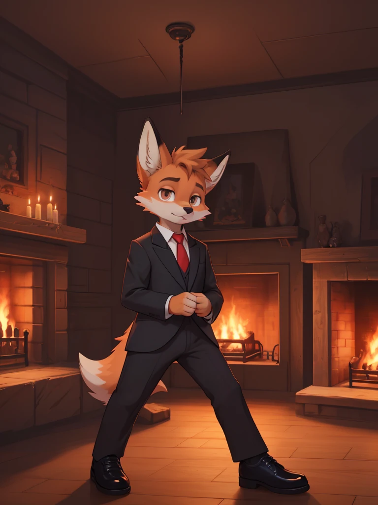 A young fox, spongy ass, with a serious expression, relaxed, with black suit, White shirt, Red tie, black elegant shoes, Light brown eyes, looking to the camera, in a wooden room with a fireplace