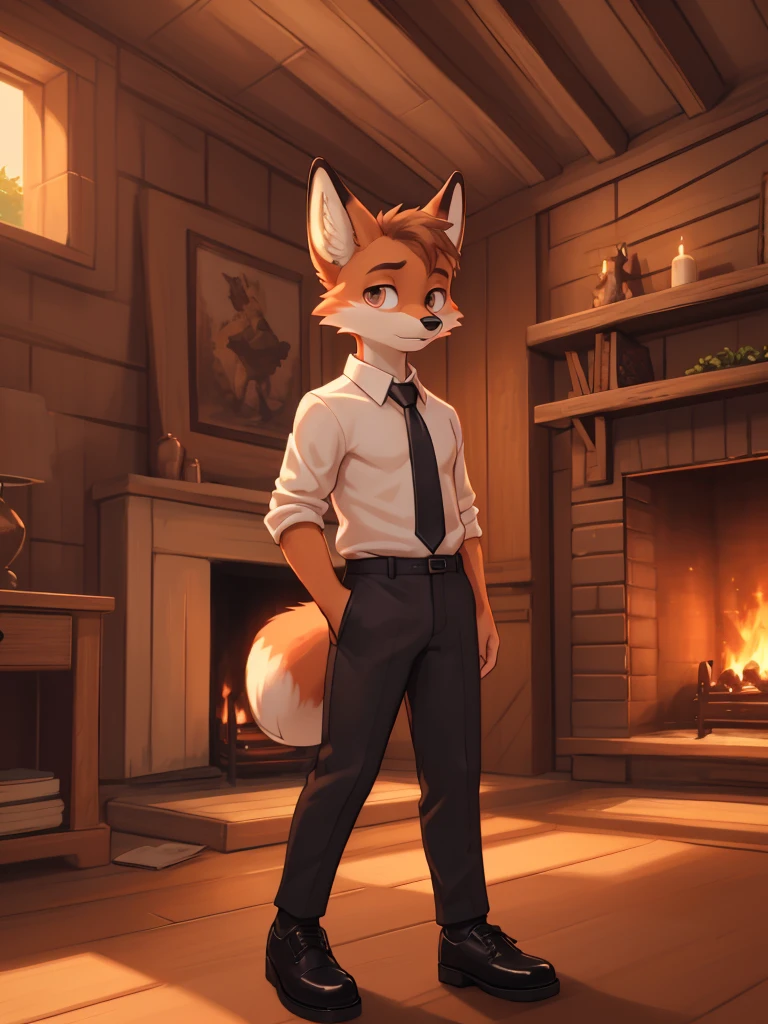 A young fox, spongy ass, with a serious expression, relaxed, with black suit, White shirt, Red tie, black elegant shoes, Light brown eyes, looking to the camera, in a wooden room with a fireplace