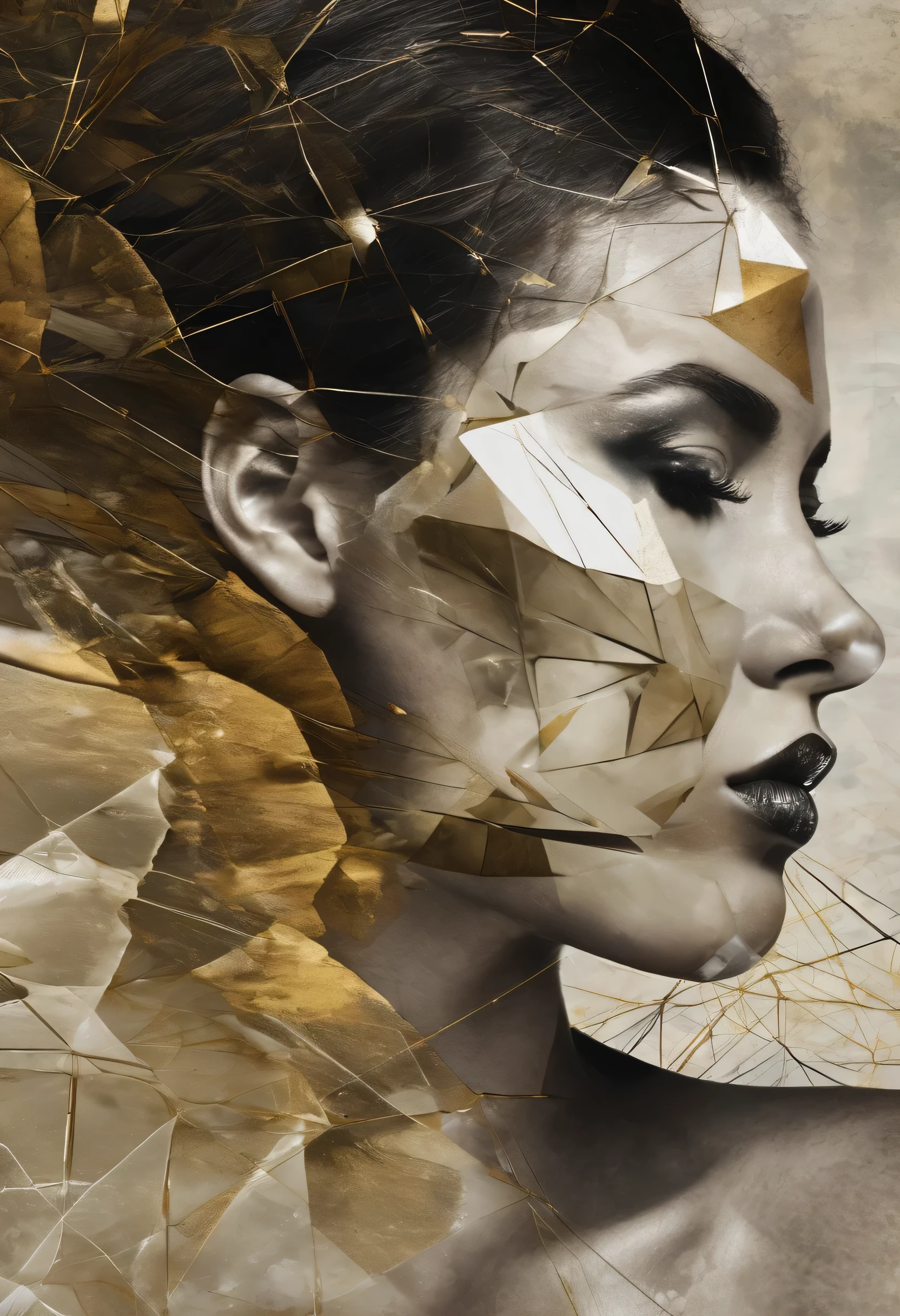 golden, ultra detailded artiStic abStract photography of geometrical woman face, Beautiful white rose flower by the sea, Sunnyday, white cumulus clouds, detailded Symmetric circular iriS, broken paper fragments, natural body posture, art by alberto seveso, por Guy Denning, comi no John&#39;S, por RuSS MillS, by Gustav Klimt, Symmetrical, abstract art style, complex and intricate watercolor painting, sharp looking eyes, digitalpainting, color explosion, sheen, colorfully, conceptual artwork, volumetric lighting, metallic reflections, 8k, By Artgerm, trends on ArtStation, 16k resolution, 300 dpi, 600 dpi, 4K, contest winner, High definition, golden eyeS , detailded, realisitic, 8K  UHD, high qualiy