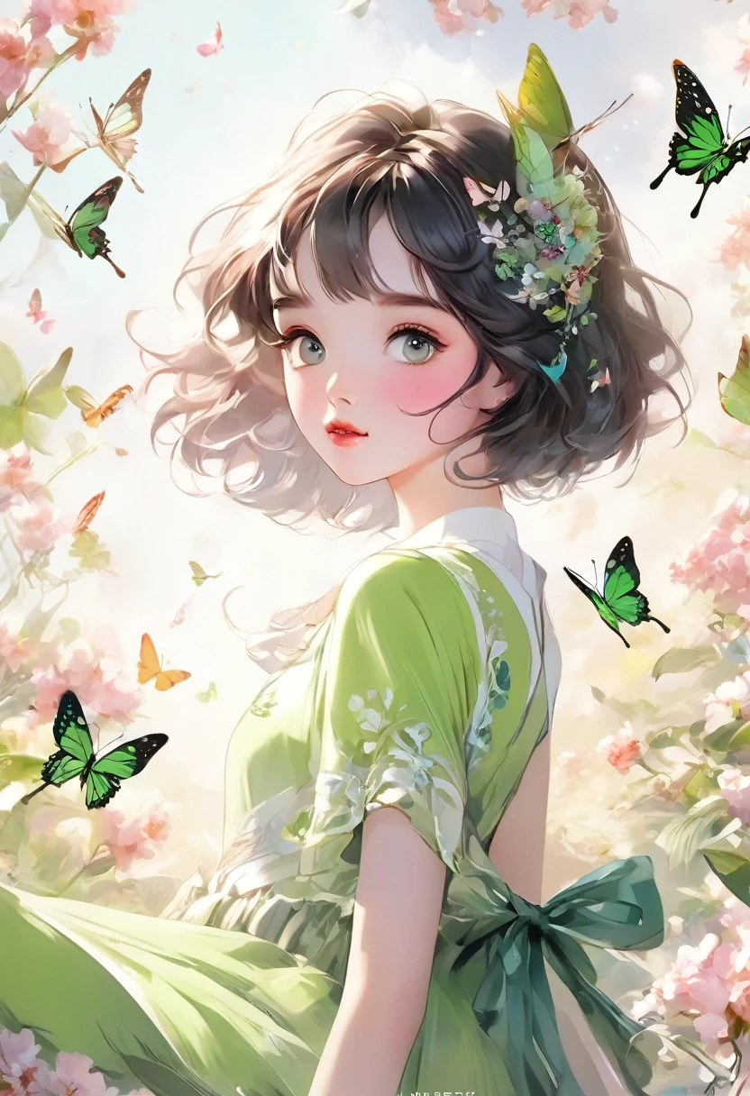 pretty girl,short hair,Delicate face,Half Body,Pure eyes,Butterfly,Long eyelashes,Green clothes model:Sweet Girl 4