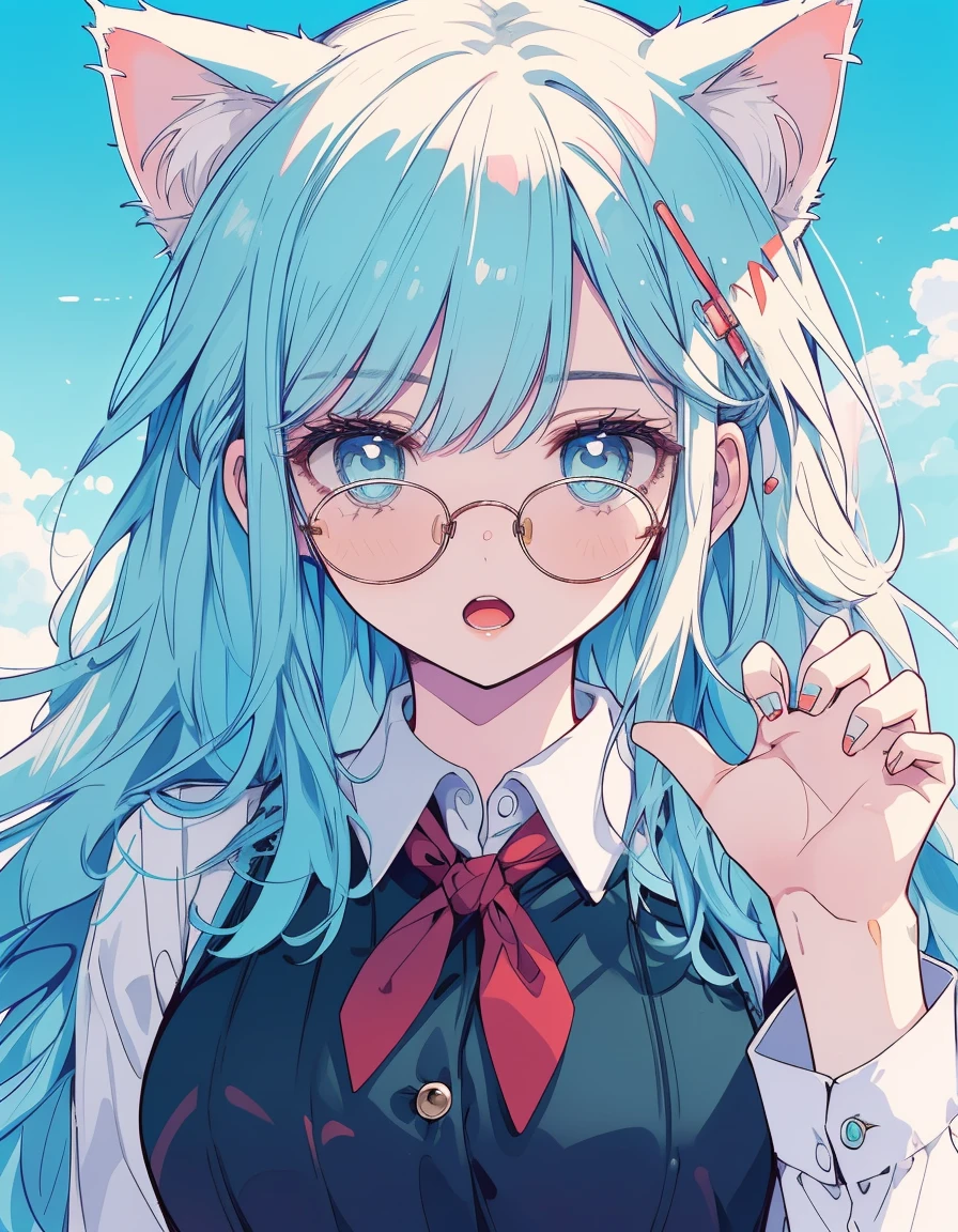 office, office lady, glasses, surprised, raised hands, open mouth, ((masterpiece, best quality:1.5)), ((Beautiful detailed cat aqua eyes:1.2)), cat ears, pale skin, medium breasts, beautiful hands, beautiful fingers, EasyNegative