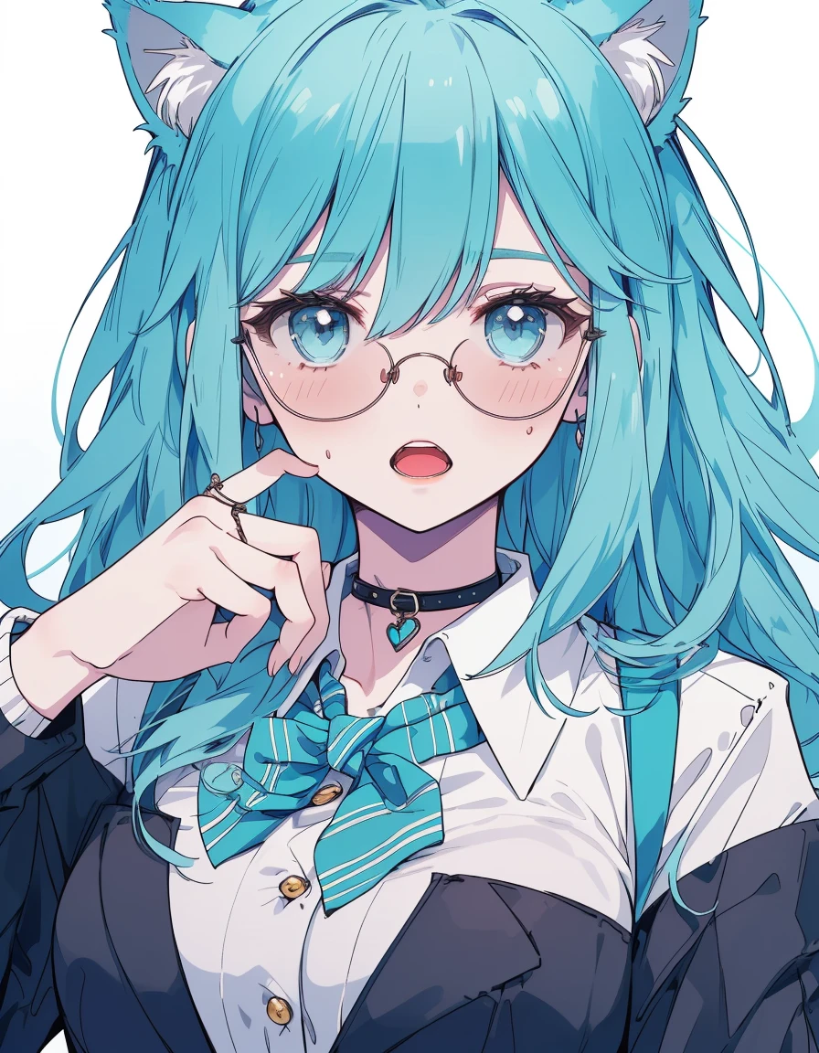 office, office lady, glasses, surprised, raised hands, open mouth, ((masterpiece, best quality:1.5)), ((Beautiful detailed cat aqua eyes:1.2)), cat ears, pale skin, medium breasts, beautiful hands, beautiful fingers, EasyNegative