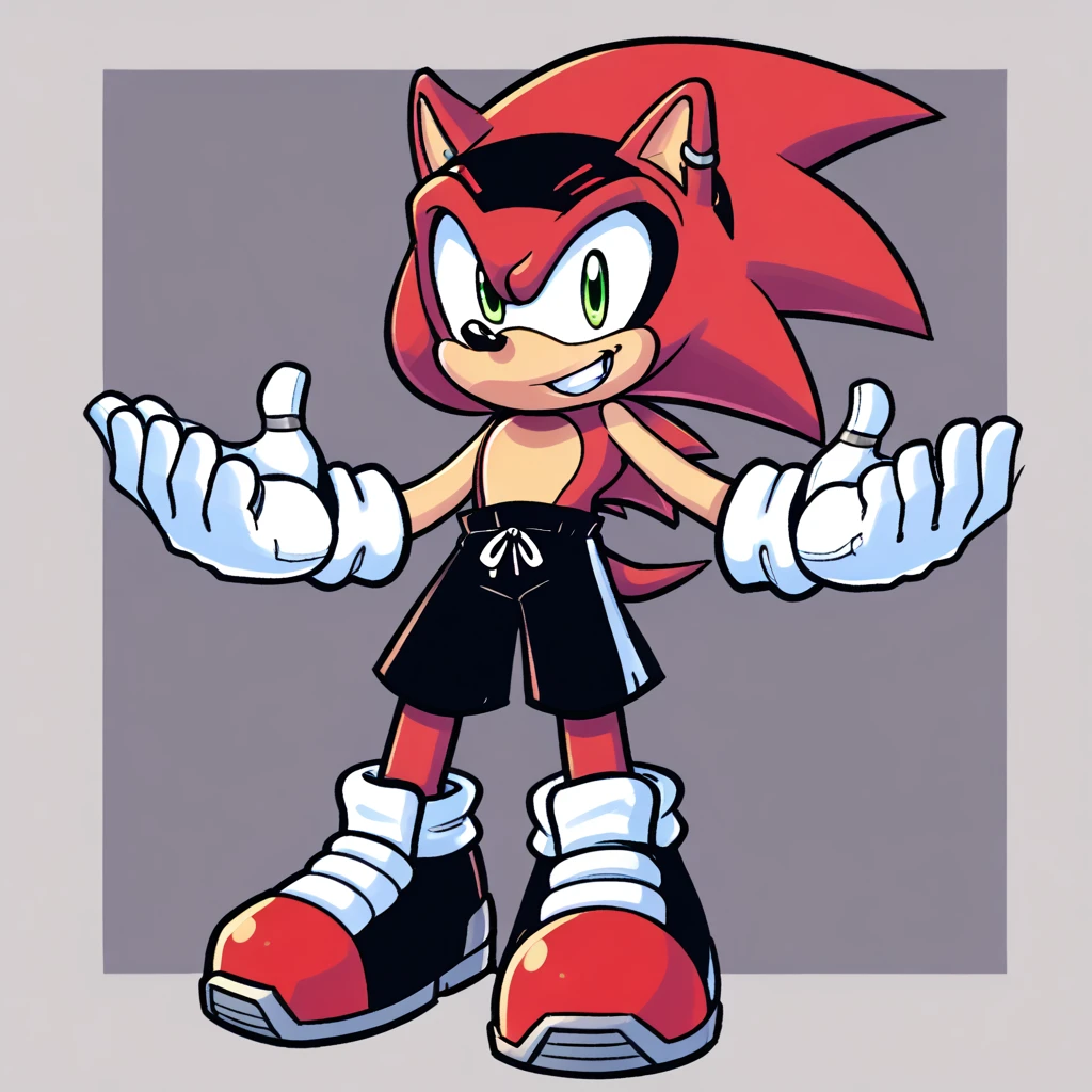 Custom avatar, shadow and sonic, wearing black shorts, in the cyberspace, cgi backround, doing a dyamic pose,