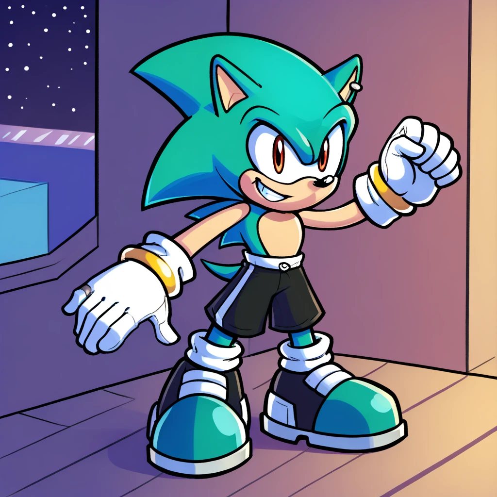 Custom avatar, shadow and sonic, wearing black shorts, in the cyberspace￼, cgi backround, doing a dyamic pose,