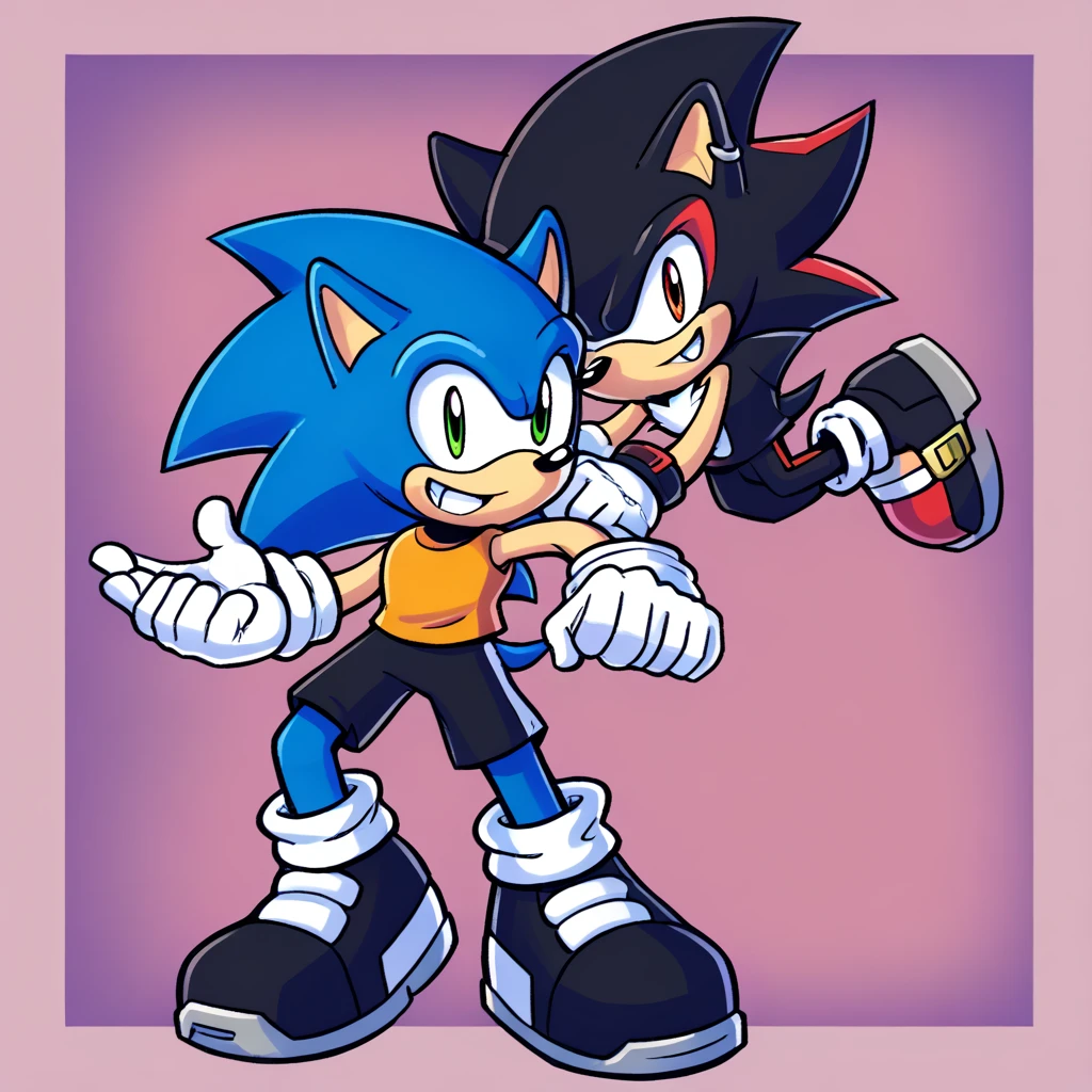 Custom avatar, shadow and sonic, wearing black shorts, in the cyberspace￼, cgi backround, doing a dyamic pose,