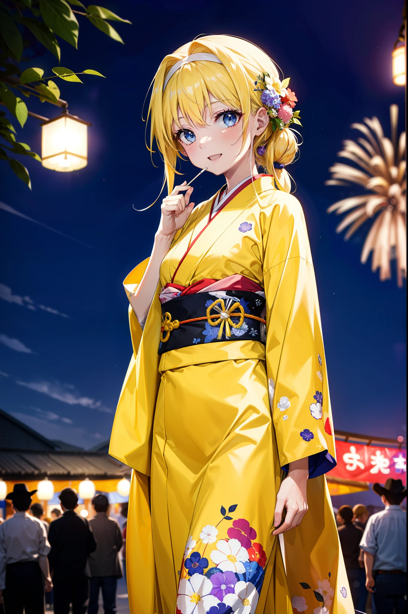 Arisburg, Alice Zuberg, bangs, blue eyes, blonde, Hair between the eyes, Long Hair,Flower Hair Ornaments,Tie your hair back, hair band, white hair band,Yellow kimono,happy smile,smile, Open your mouth,firework in the night sky、firework,場所はfirework大会,Time is night,sunny day,Japanese Festivals,Summer festival food stalls,Red Lantern,whole bodyがイラストに入るように
break outside, shrine,
break looking at viewer, whole body,(Cowboy Shot:1.5),
break (masterpiece:1.2), Highest quality, High resolution, unity 8k wallpaper, (shape:0.8), (Beautiful attention to detail:1.6), Highly detailed face, Perfect lighting, Extremely detailed CG, (Perfect hands, Perfect Anatomy),