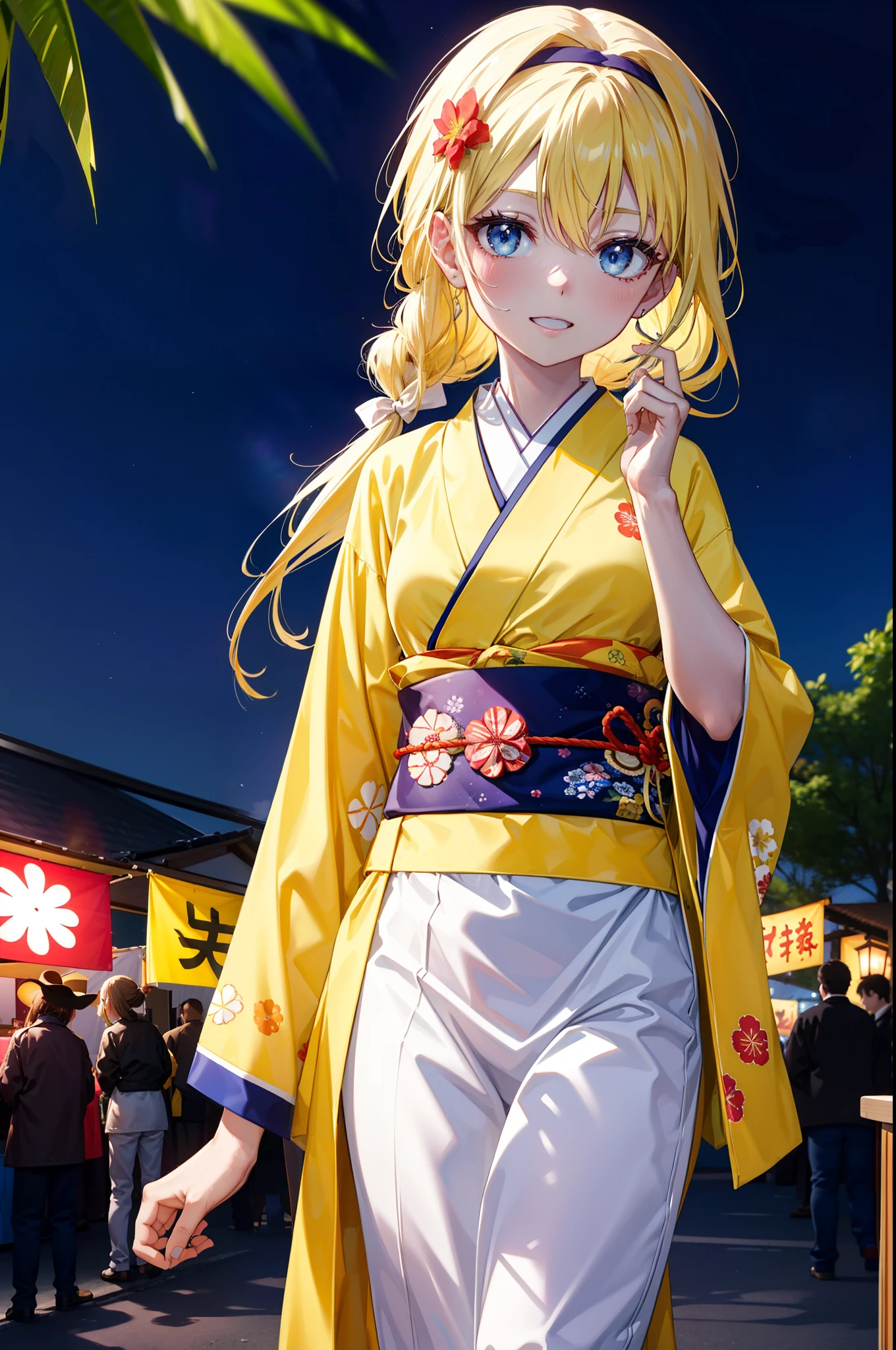 Arisburg, Alice Zuberg, bangs, blue eyes, blonde, Hair between the eyes, Long Hair,Flower Hair Ornaments,Tie your hair back, hair band, white hair band,Yellow kimono,happy smile,smile, Open your mouth,firework in the night sky、firework,場所はfirework大会,Time is night,sunny day,Japanese Festivals,Summer festival food stalls,Red Lantern,whole bodyがイラストに入るように
break outside, shrine,
break looking at viewer, whole body,(Cowboy Shot:1.5),
break (masterpiece:1.2), Highest quality, High resolution, unity 8k wallpaper, (shape:0.8), (Beautiful attention to detail:1.6), Highly detailed face, Perfect lighting, Extremely detailed CG, (Perfect hands, Perfect Anatomy),