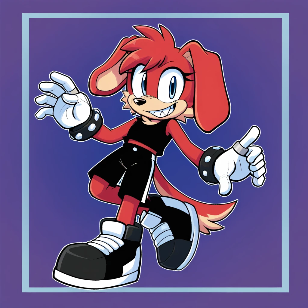 Custom avatar, red dog character, wearing black shorts, in the cyberspace￼, cgi backround, doing a dyamic pose,