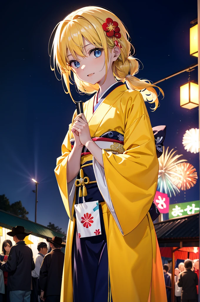 Arisburg, Alice Zuberg, bangs, blue eyes, blonde, Hair between the eyes, Long Hair,Flower Hair Ornaments,Tie your hair back, hair band, white hair band,Yellow kimono,happy smile,smile, Open your mouth,firework in the night sky、firework,場所はfirework大会,Time is night,sunny day,Japanese Festivals,Summer festival food stalls,Red Lantern,whole bodyがイラストに入るように
break outside, shrine,
break looking at viewer, whole body,(Cowboy Shot:1.5),
break (masterpiece:1.2), Highest quality, High resolution, unity 8k wallpaper, (shape:0.8), (Beautiful attention to detail:1.6), Highly detailed face, Perfect lighting, Extremely detailed CG, (Perfect hands, Perfect Anatomy),