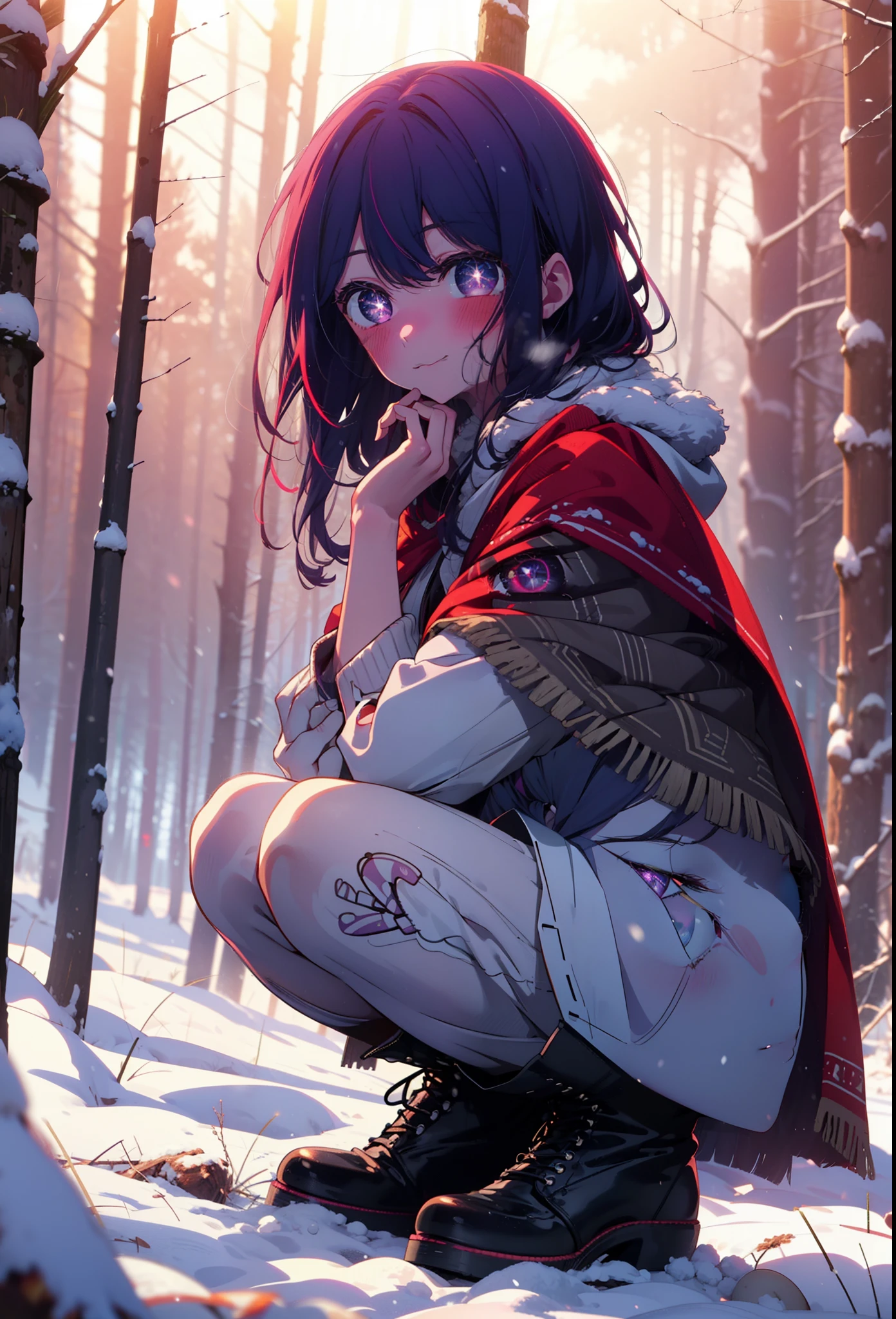 aihoshino, Ai Hoshino, Long Hair, bangs, (Purple eyes:1.1), Purple Hair, (Symbol-shaped pupil:1.5), smile,,smile,blush,white breath,
Open your mouth,snow,Ground bonfire, Outdoor, boots, snowing, From the side, wood, suitcase, Cape, Blurred, , forest, White handbag, nature,  Squat, Mouth closed, Cape, winter, Written boundary depth, Black shoes, red Cape break looking at viewer, Upper Body, whole body, break Outdoor, forest, nature, break (masterpiece:1.2), Highest quality, High resolution, unity 8k wallpaper, (shape:0.8), (Beautiful and beautiful eyes:1.6), Highly detailed face, Perfect lighting, Highly detailed CG, (Perfect hands, Perfect Anatomy),