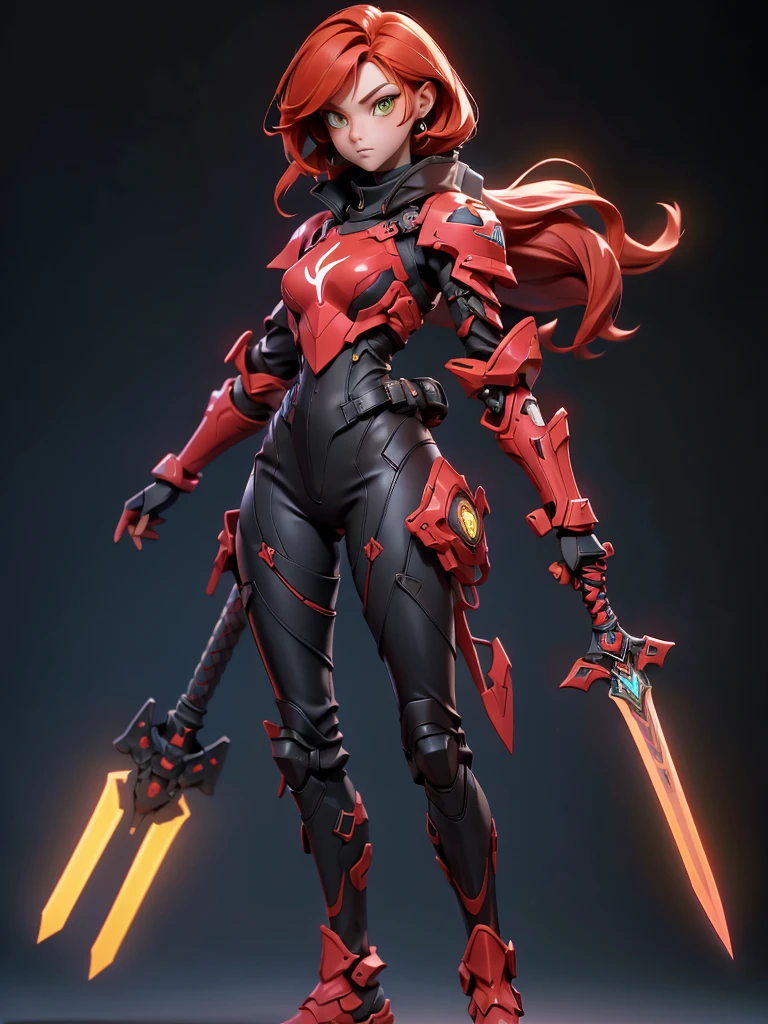 ((Best Quality)), ((Masterpiece)), ((Realistic)),((full body shot)) slender, cute girl with short stylish red hair and vibrant yellow eyes. She wears a tight-fitting, Black + red glowing sleek suit with high-tech boots and chestplates. The outfit includes matching vambraces, all in a futuristic, high-tech design. She wields a high-tech sword, adorned with glowing lights along the blade and hilt. The girl's expression is calm and focused, complementing her stylish, advanced gear.
