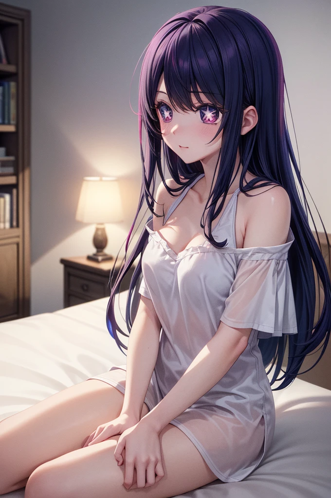 (8k, Ultra-high resolution, The best masterpiece, best quality:1.2), Very detailed, portrait, Half Body, side, focus on eyes, HD RAW photos, career arrest, High quality and beautiful, 超高清 8k 影像照片, confess, Professional photography, (actual, actual相片: 1.37), Very detailed的美麗女孩, Super delicate face shape, Contoured eyes, (Very detailed eyes), Delicate skin, (HD Skin:1.2), Neatly contoured fingers, (20:1.2), Twenty generations, cute girl, young beautiful mother, solo, Ai Hoshino, Hoshino Ai, (Wear comfortable loungewear), Vibrant look, (Layperson, Living room), Dynamic dark purple long hair, shiny purple eyes, (Star-shaped pupil:1.5), one hand raised, Sensual, warm, Exuding motherly love, perfect anatomy, Detailed background, HD Background, Volumetric lighting, actual, stunning details, 8k Ultra HD, high quality, CG unity, C4D Rendering, 3D Rendering, Octane Rendering,
