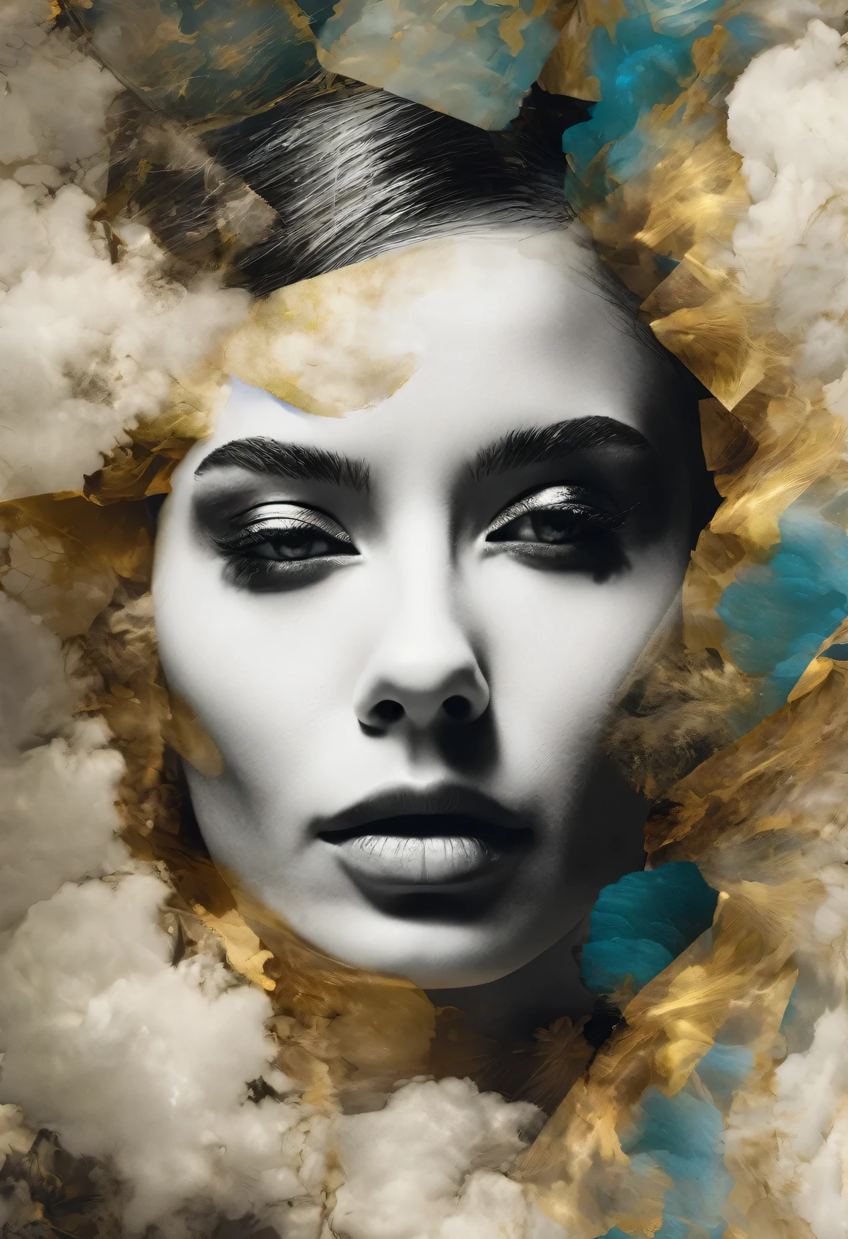 golden, ultra detailded artiStic abStract photography of geometrical woman face, Beautiful white rose flower by the sea, Sunnyday, white cumulus clouds, detailded Symmetric circular iriS, broken paper fragments, natural body posture, art by alberto seveso, por Guy Denning, comi no John&#39;S, por RuSS MillS, by Gustav Klimt, Symmetrical, abstract art style, complex and intricate watercolor painting, sharp looking eyes, digitalpainting, color explosion, sheen, colorfully, conceptual artwork, volumetric lighting, metallic reflections, 8k, By Artgerm, trends on ArtStation, 16k resolution, 300 dpi, 600 dpi, 4K, contest winner, High definition, golden eyeS , detailded, realisitic, 8K  UHD, high qualiy