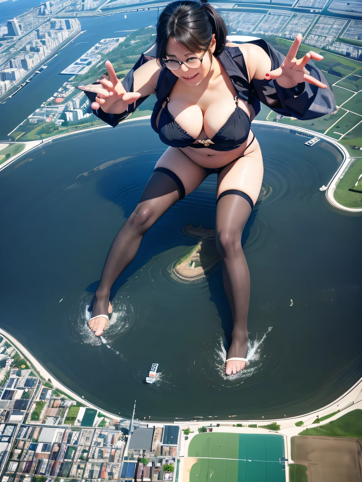 multiple girls, 3girls, standing, giantess art, highly detailed giantess shot, giantess, most detailed, perfect face, two legs, five fingers, short hair, beautiful girl bigger than a skyscraper, wearing rimless glasses, smiling, huge breasts, underwear, black pantyhose, no shoes on, toes visible through pantyhose, Steam coming out from the soles of my feet, under heavy attack, seaside metropolis, ocean, numerous miniature warships on the sea, very small metropolis, miniature metropolis, full body depiction, GTS, giga giant, trampling city, crush city, tiny city, micro city, high resolution, best quality, masterpiece, 