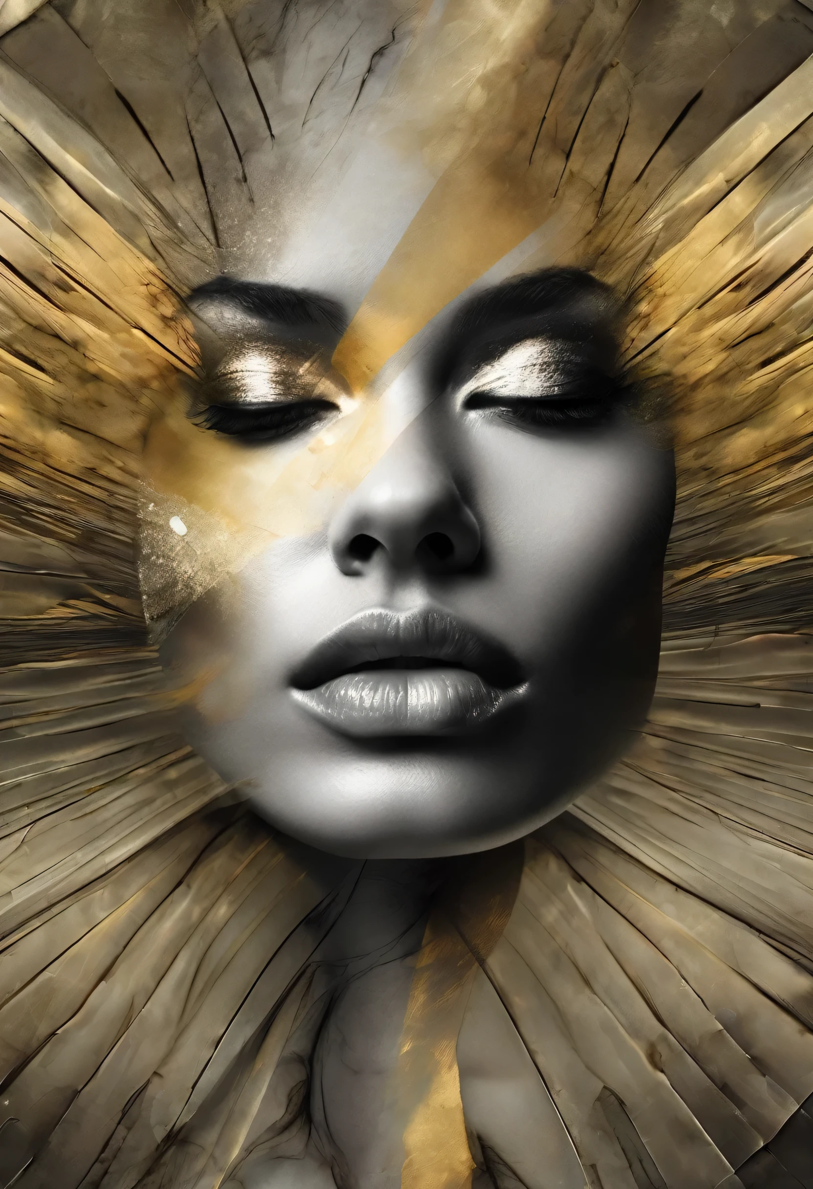 I am the blurred lines of her and her different faces that exist above her of her different lives only a blurred figure of her body and the expression of her face that sees the pain is seen , It is hope come true, her entire body is seen in blur, the message I want to convey is that there is tranquility for her. , 24k artwork uses volume in shadows uses the rules of composition uses the rules of cinema uses its colors rule of thirds and all the rules of photography uses the compositions of cinema shadows with volume and uses the latest image creation techniques