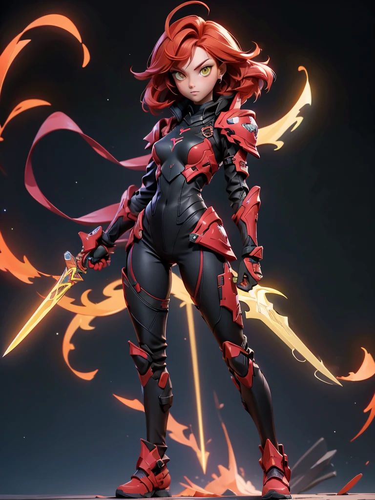 ((Best Quality)), ((Masterpiece)), ((Realistic)),((full body shot)) slender, cute girl with short stylish red hair and vibrant yellow eyes. She wears a tight-fitting, Black + red glowing sleek suit with high-tech boots and chestplates. The outfit includes matching vambraces, all in a futuristic, high-tech design. She wields a high-tech sword, adorned with glowing lights along the blade and hilt. The girl's expression is calm and focused, complementing her stylish, advanced gear.