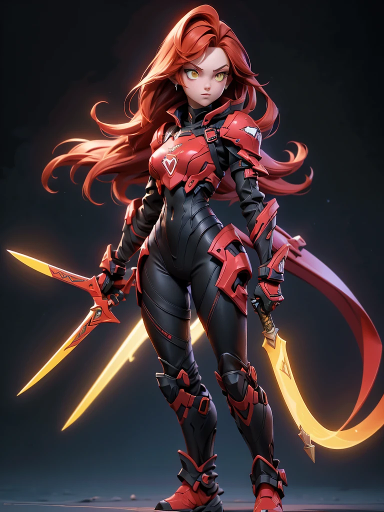 ((Best Quality)), ((Masterpiece)), ((Realistic)),((full body shot)) slender, cute girl with short stylish red hair and vibrant yellow eyes. She wears a tight-fitting, Black + red glowing sleek suit with high-tech boots and chestplates. The outfit includes matching vambraces, all in a futuristic, high-tech design. She wields a high-tech sword, adorned with glowing lights along the blade and hilt. The girl's expression is calm and focused, complementing her stylish, advanced gear.