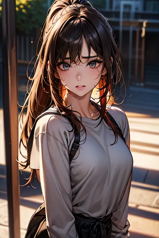 (Highest quality)),(超High resolution),(Very detailed),(Detailed Description),((The best CG)),(masterpiece),Ultra-detailed art、(Highest quality、8k、32K、masterpiece)、(Realistic)、(Realistic:1.2)、(High resolution)、Very detailed、Very beautiful face and eyes、1 female、Tight waist、Delicate body、(Highest quality、Attention to detail、Rich skin detail)、(Highest quality、8k、Oil paints:1.2)、Very detailed、(Realistic、Realistic:1.37)、Bright coloredium length hair with loose waves、ponytail、The bangs are straight and fall on the forehead、Red hair))、 Light skin tone、Smooth and healthy skin、
""((Gray sweatshirt, black sweatpants, white long-sleeved undershirt, white ankle socks, black sneakers))
background: ((Schoolyard:1.6))、Or natural scenery""