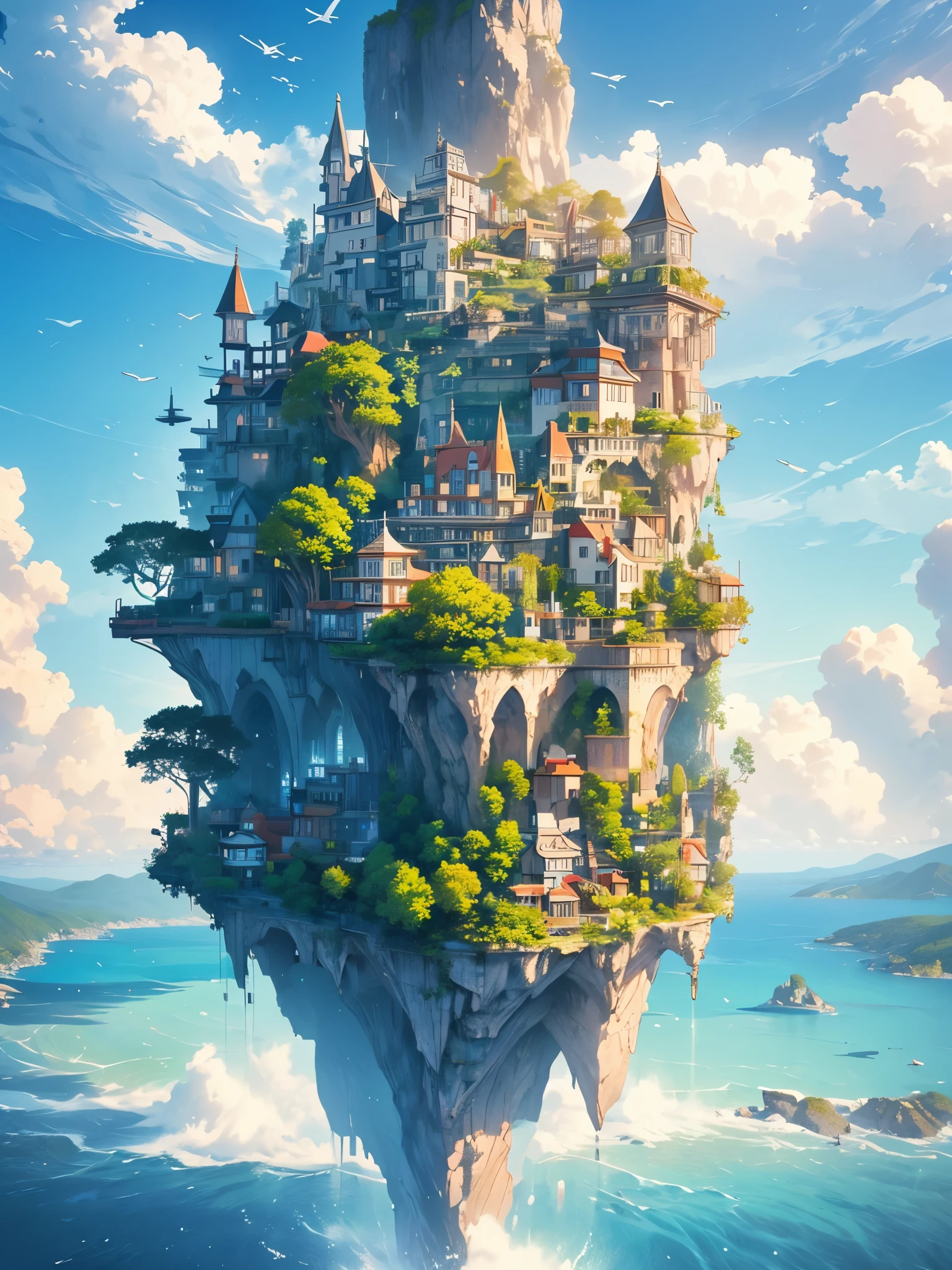 Many islands are suspended in the air with many small aircraft flying around, cities, fancy, magical plants growing, extremely details, realistic light, epic composition, (complexdetails), (Complex project, ultra-details :1.2), art station, (work of art, best qualityer), ultra HD, 32K --v 6