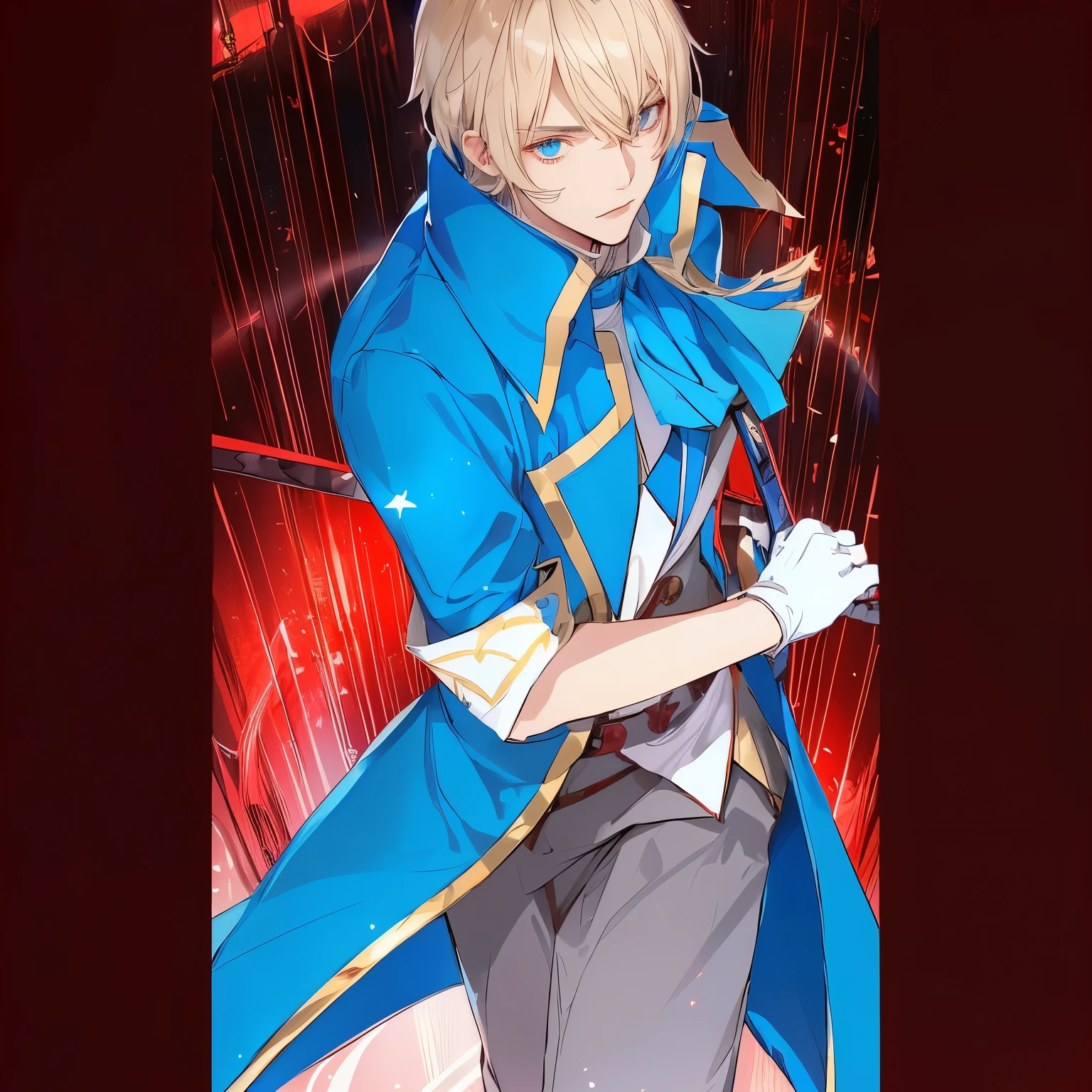 anime character with blue coat and red background, okita sougo, tall anime guy with blue eyes, nobutaka ike, Cute androgynous prince, artoria pendragon, portrait of the magical blond prince, anime style like Destiny/stay overnight, anime fencer, Destiny / stay overnight, delicate androgynous prince, spear, Destiny stay overnight,  serious face, malefic, villain, villainous face, cara de malefic, White Glove, usando White Glove na mão