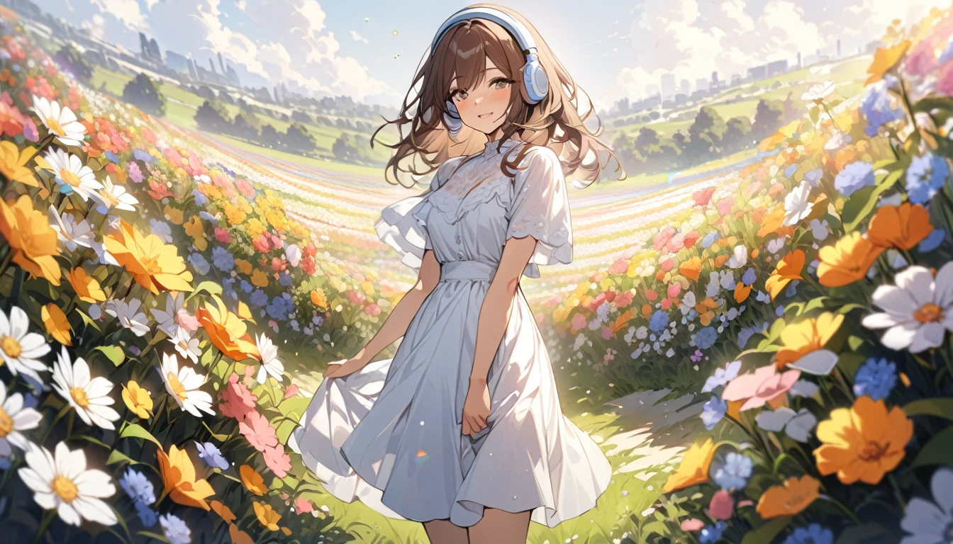 Brown-haired girl wearing headphones、Blooming Field - Very detailed、masterpiece, Highest quality, Bright - against the backdrop of a field of colorful flowers、A happy look、Casual dress、Standing in a flower garden
