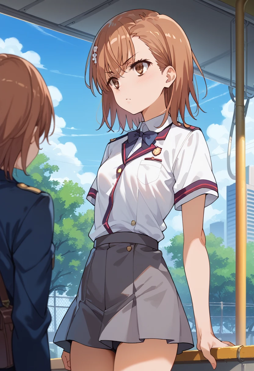 ((masterpiece,High resolution,Highest quality,8k))(A Certain Scientific Railgun,Misaka Mikoto)(14-year-old female,Brown Hair,Short Hair,Small breasts,Slim figure)(Tokiwa University uniform)on the train,Displeased