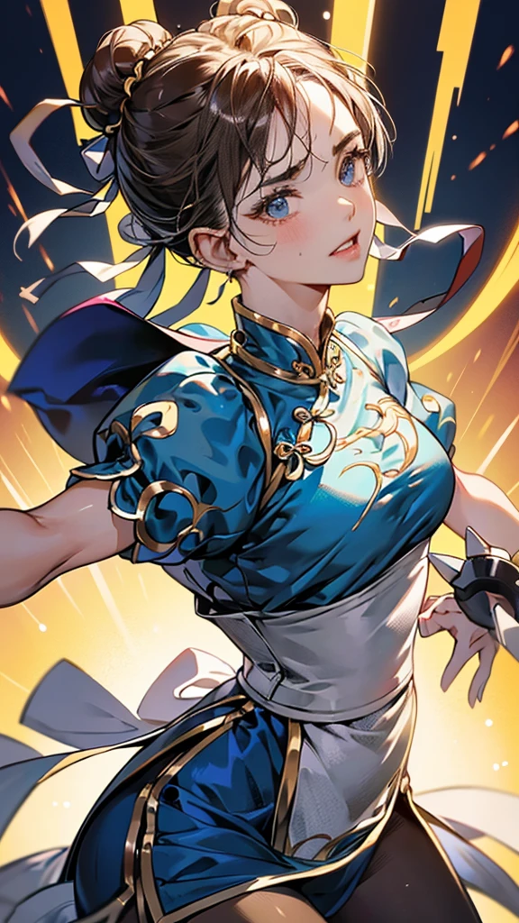 {{masterpiece}}, {{{Highest quality}}},{{Very detailed}},sf2 to,Chunli,Combat Stance,from side,Cowboy Shot,Focus on legs{{{Combat Stanceの成熟した女性}}},{{疲労でSweatをかいている成人女性}},Sweat,,Small breasts,{{Blushing}},{{V-shaped eyebrows}},{{Blue clothes}},{{puffy short sleeve}},{{{Blue Chinese dress with gold lines}},{Bunhead}},{},, ,{{spike bracelet}},{{Tied Hair}},,{{Thin legs}},{{White belt}},,Slender body}}{{ blue pelvis curtain}}, , sash, Brown pantyhose, ,,blush,Wrinkles ,amount,Grit your teeth,suffering,v-shaped eyebrows.,Sweat dripping,Medium chest ,get annoyed,Fighting Ring,,Bunhead,Good cover,Fighting Pose,